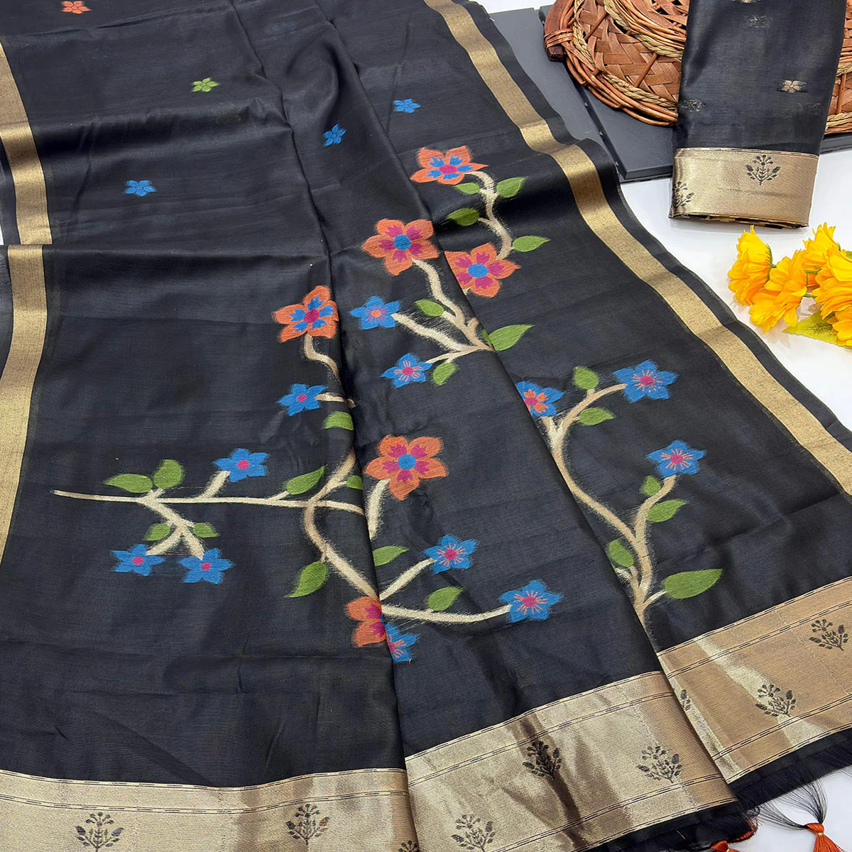 Black Floral Handloom Muga Cotton Silk Saree with Traditional Charm - Image 2