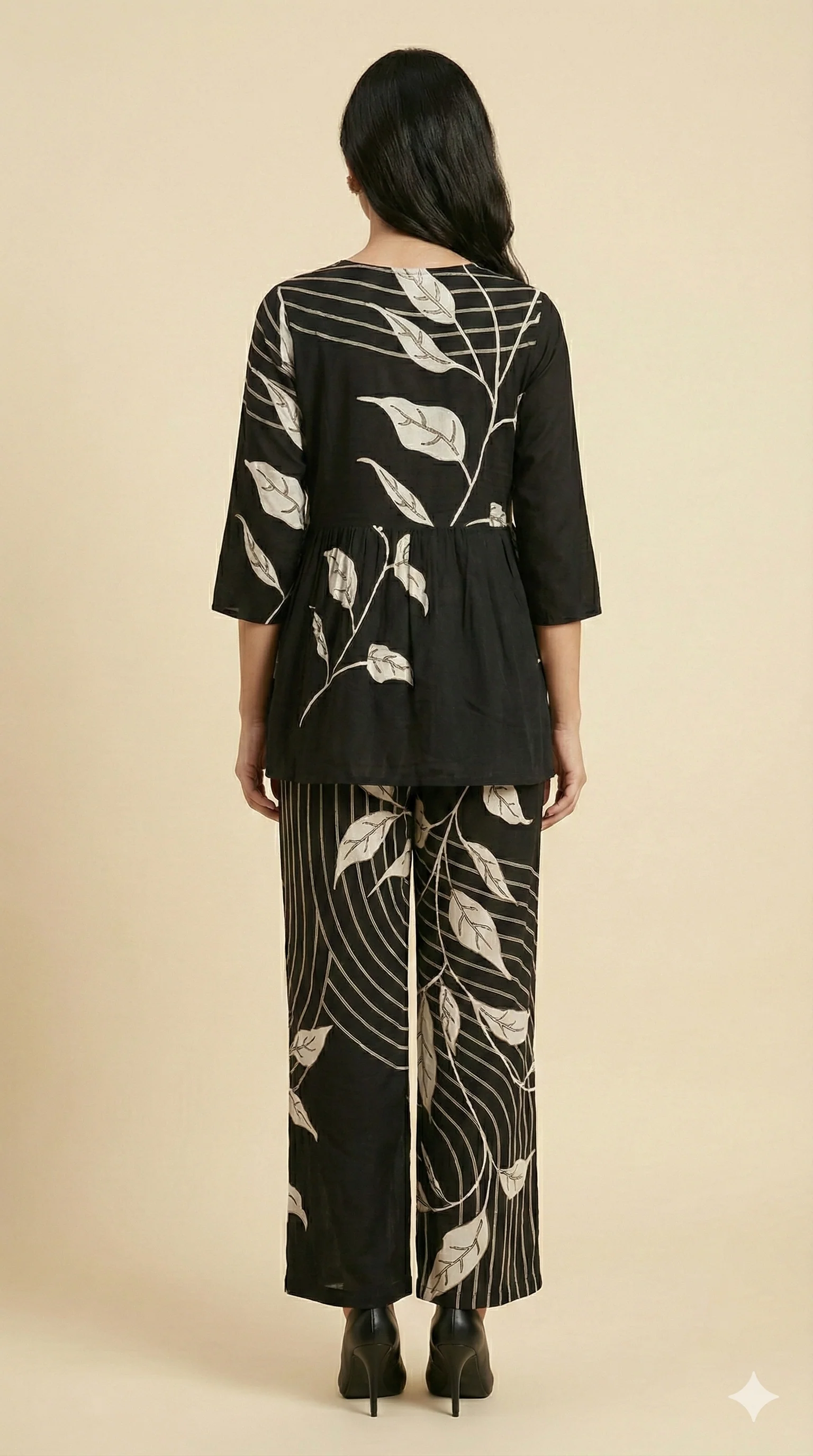 Black Floral Print Rayon A-Line Top and Pant Set with Modern Ethnic Look - Image 3