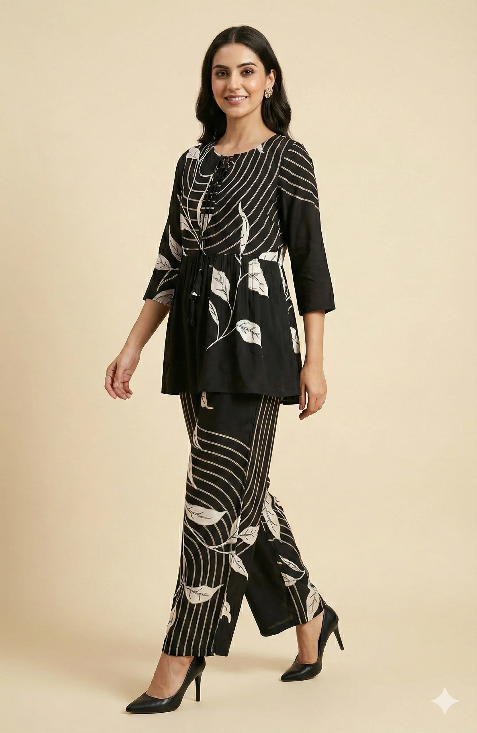Black Floral Print Rayon A-Line Top and Pant Set with Modern Ethnic Look - Image 4