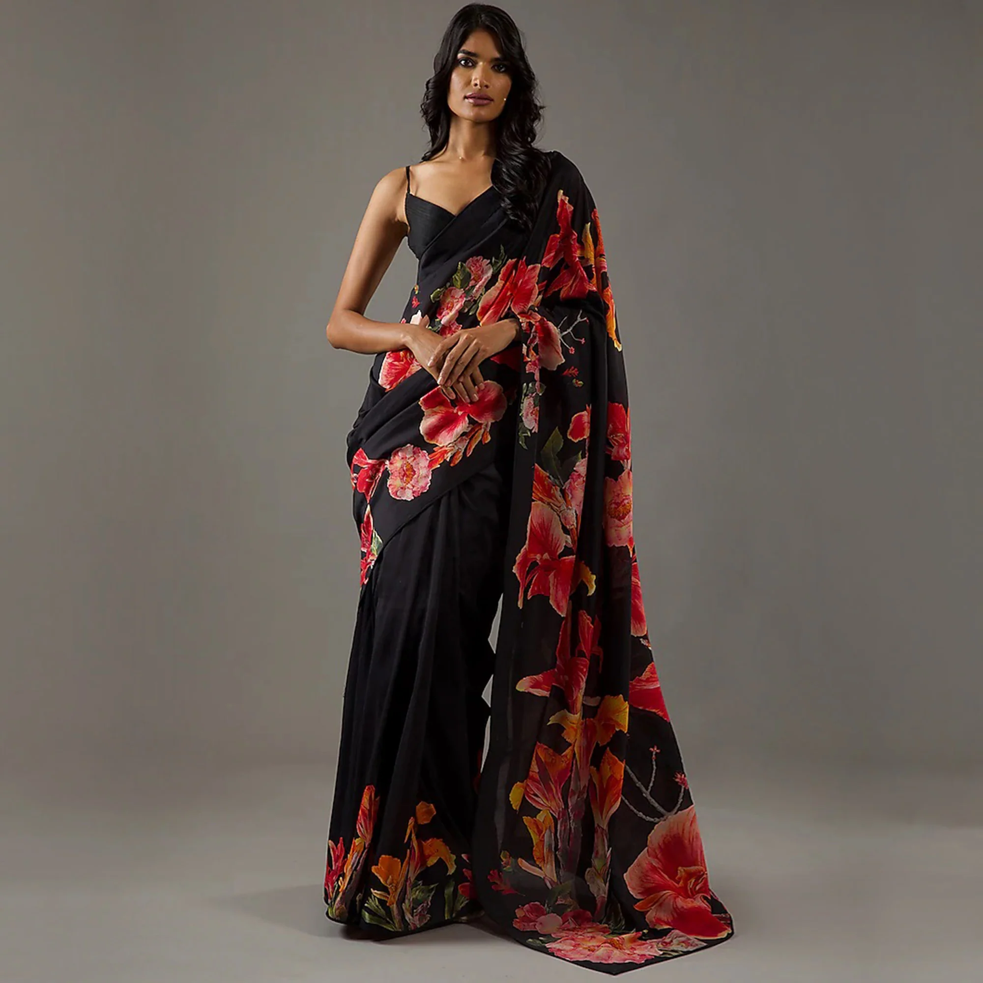 Black Floral Printed Chiffon Saree - Image 2