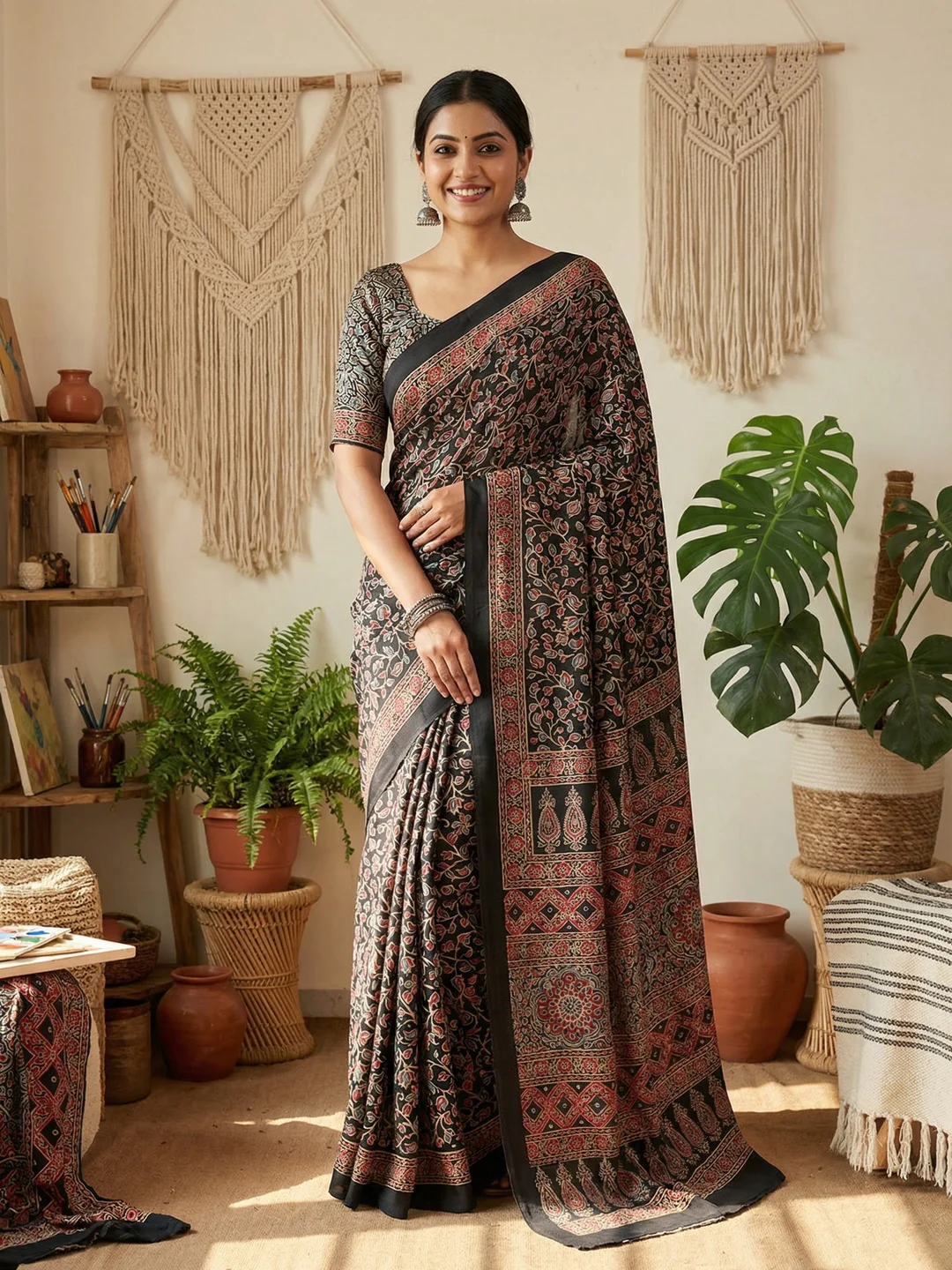 Black Floral Printed Crepe Saree with Detailed Ajrakh Pallu and Timeless Traditional Look