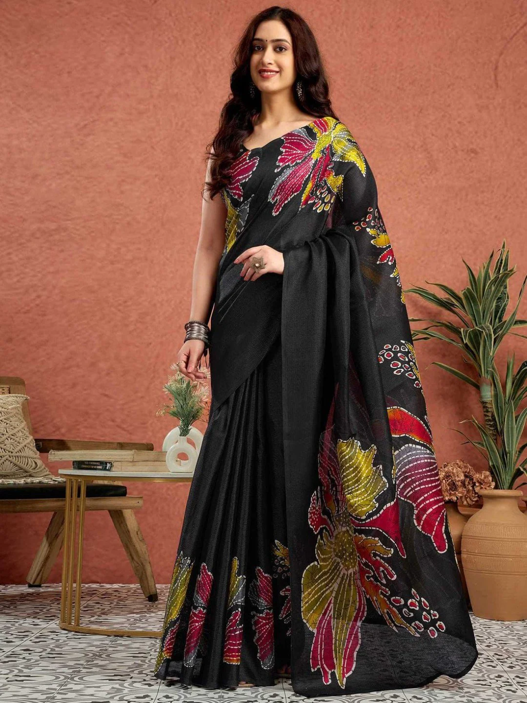 Black Floral Printed Crepe Saree with Feminine Design and Elegant Everyday to Casual Look
