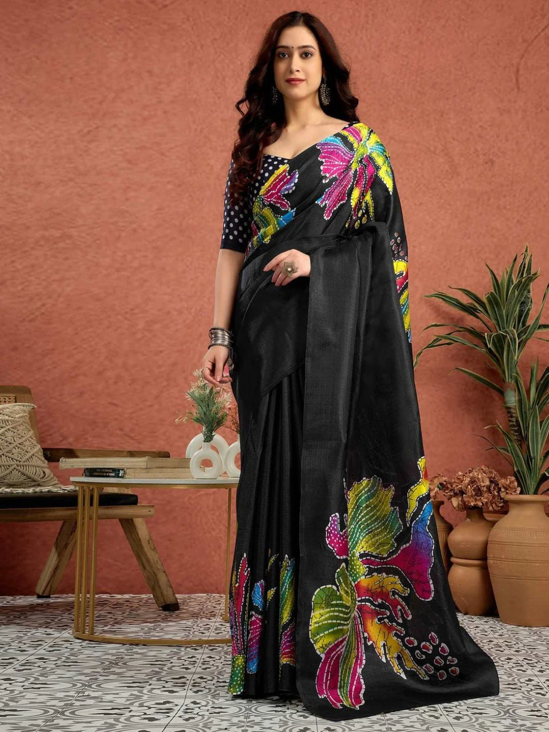 Black Floral Printed Crepe Saree with Feminine Design and Elegant Everyday to Casual Look