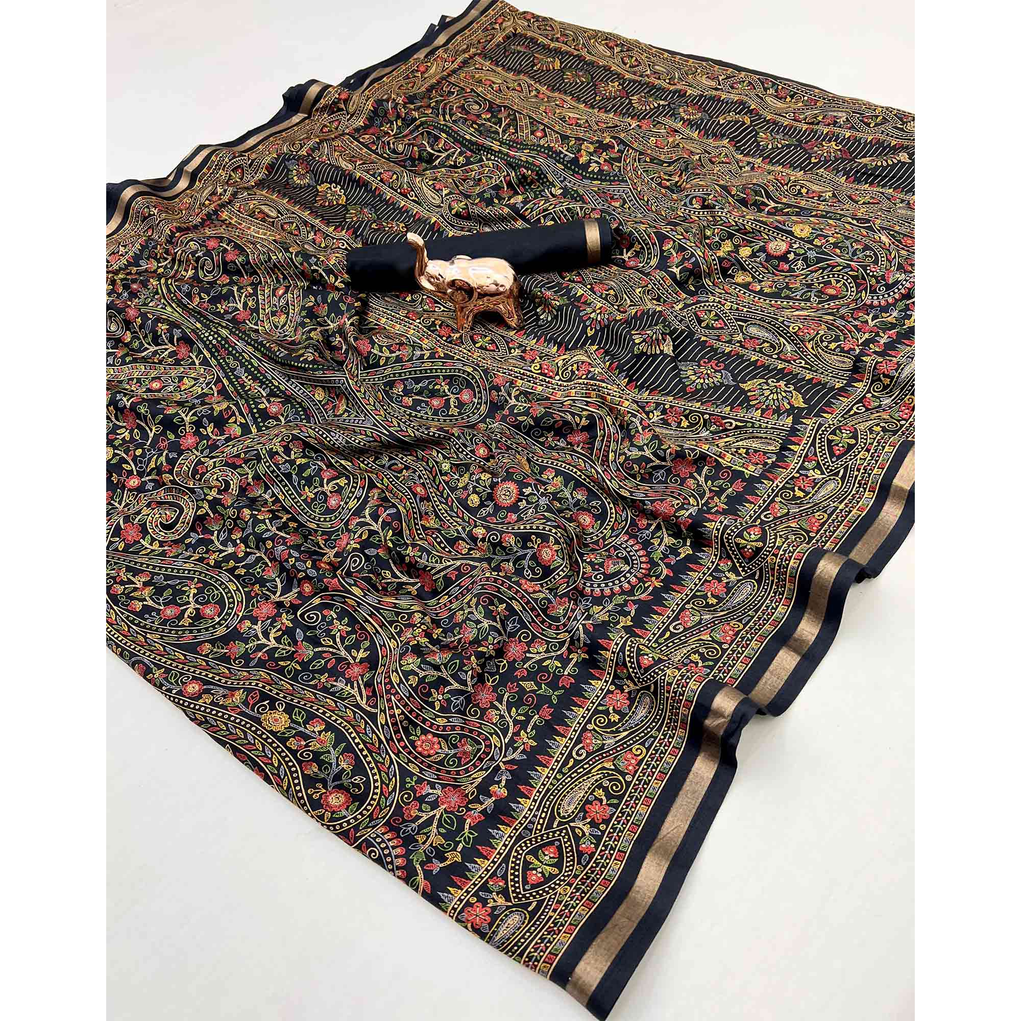 Black Floral Printed Dola Kashmiri Dola Silk Saree Highlighted With Rich Golden Zari Border - Image 3