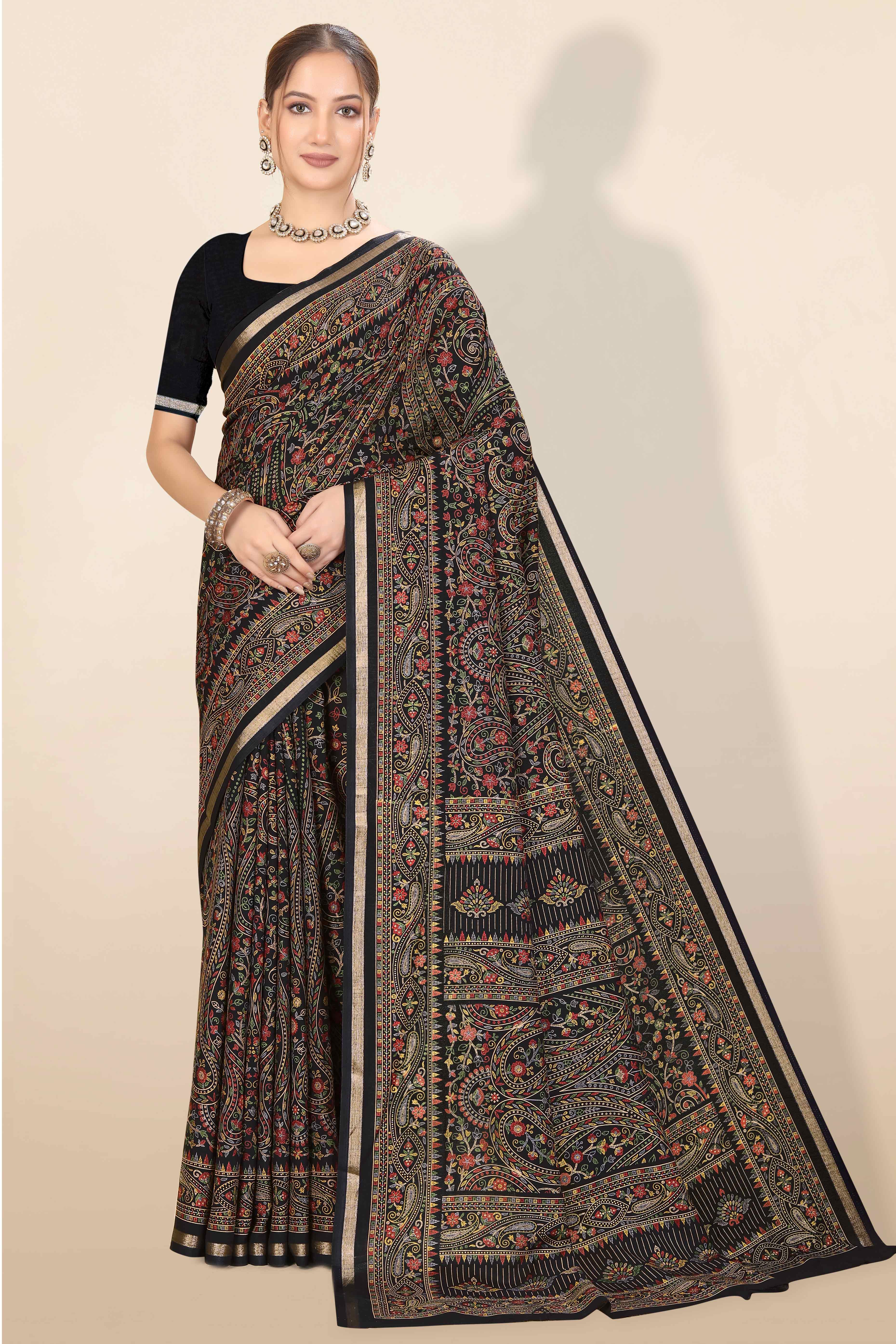 Black Floral Printed Dola Kashmiri Dola Silk Saree Highlighted With Rich Golden Zari Border - Image 4
