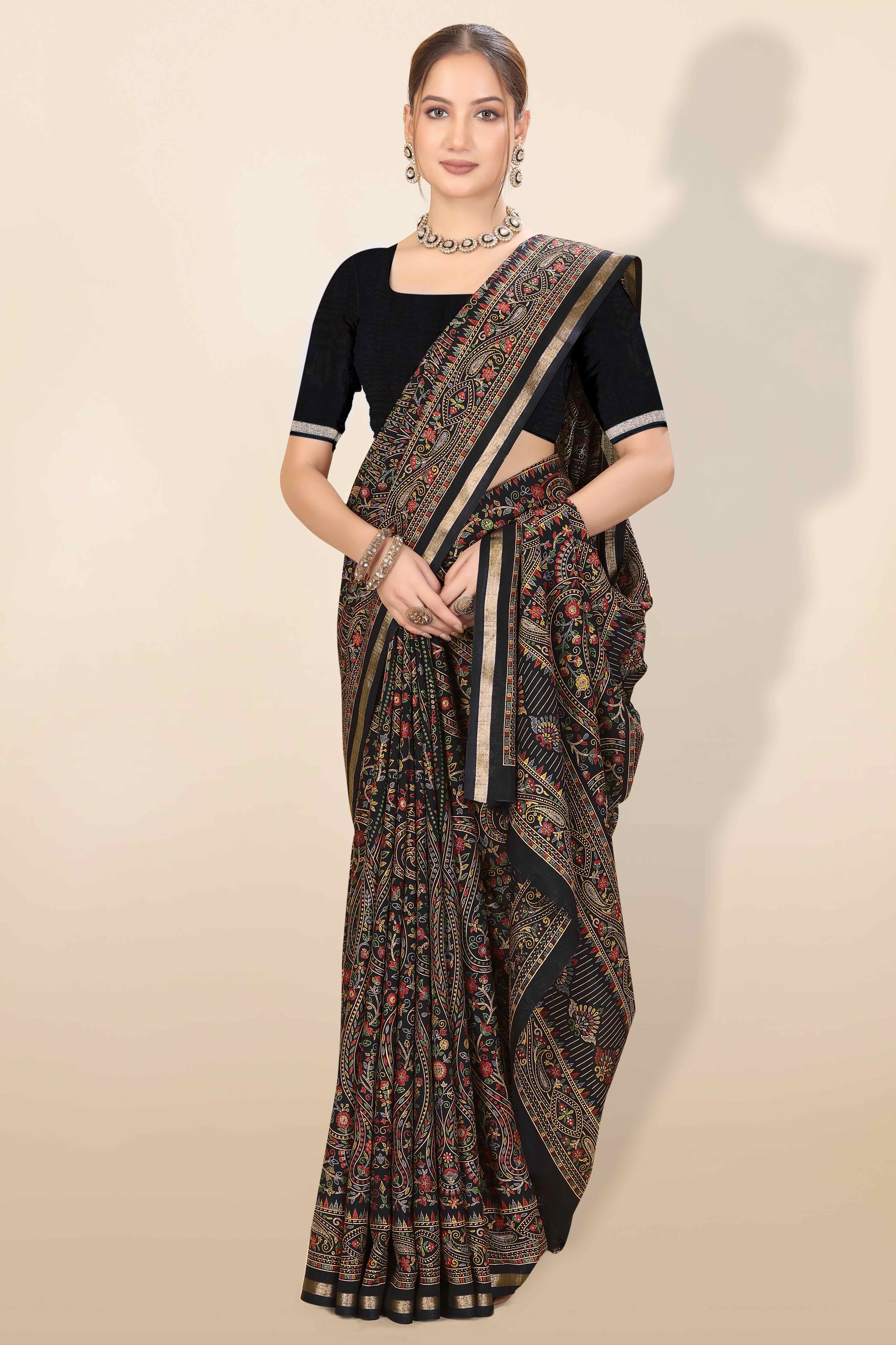 Black Floral Printed Dola Kashmiri Dola Silk Saree Highlighted With Rich Golden Zari Border - Image 5