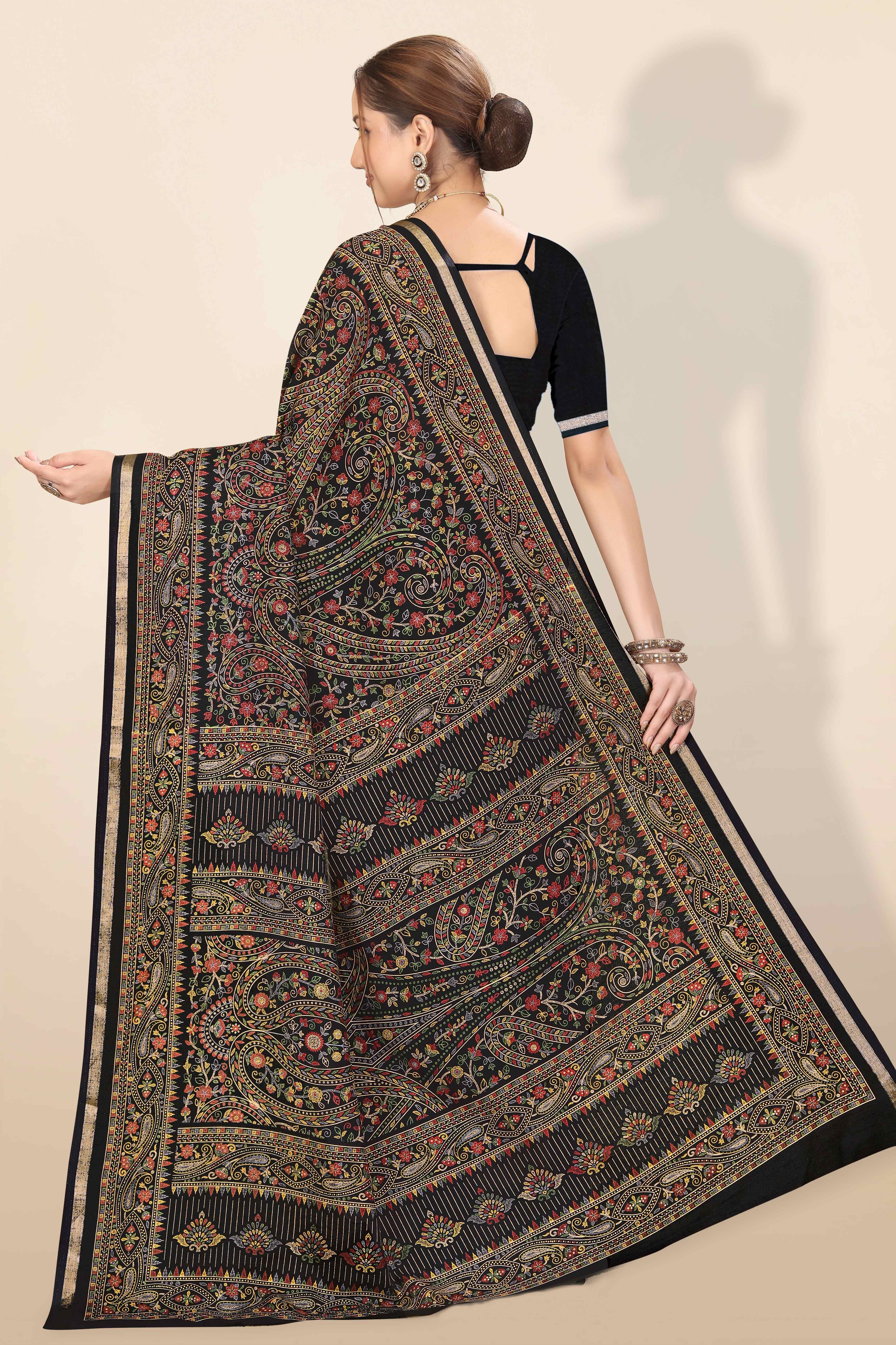 Black Floral Printed Dola Kashmiri Dola Silk Saree Highlighted With Rich Golden Zari Border - Image 6