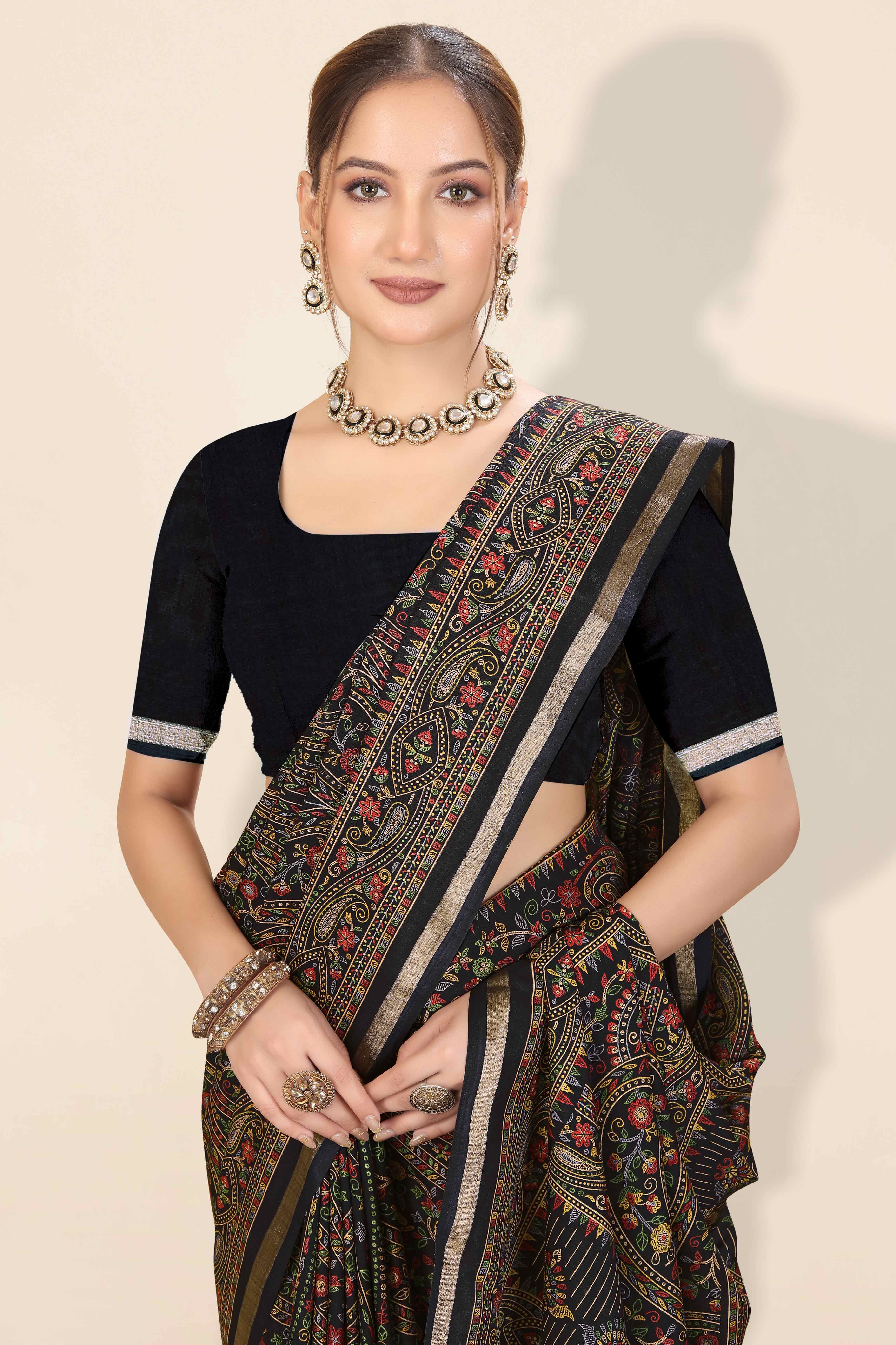 Black Floral Printed Dola Kashmiri Dola Silk Saree Highlighted With Rich Golden Zari Border - Image 7