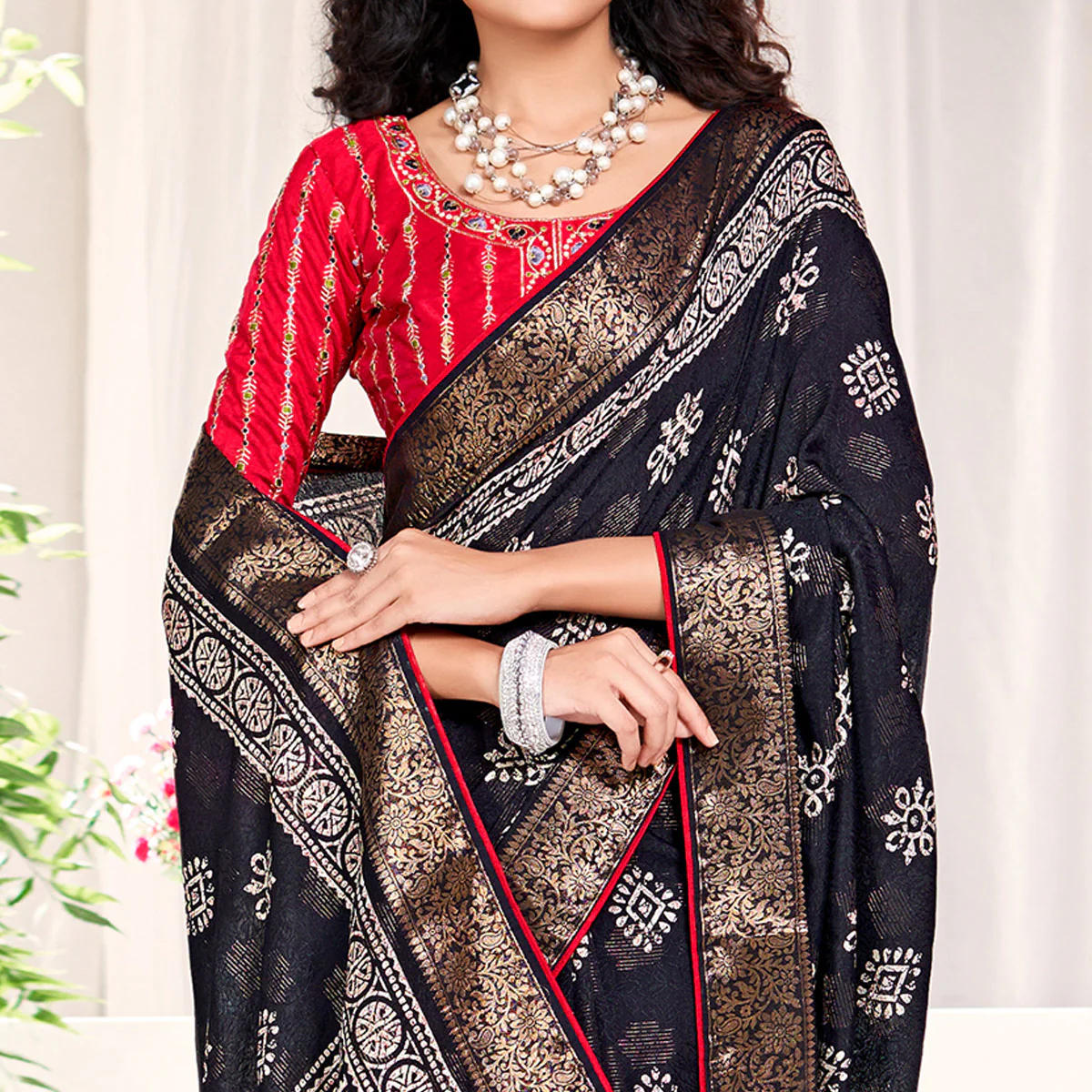 Black Floral Printed Dola Silk Saree - Image 2