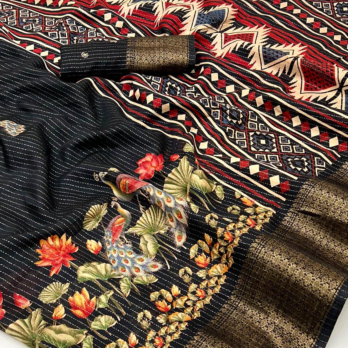 Black Floral Printed Dola Silk Saree With Jacquard Border - Image 2