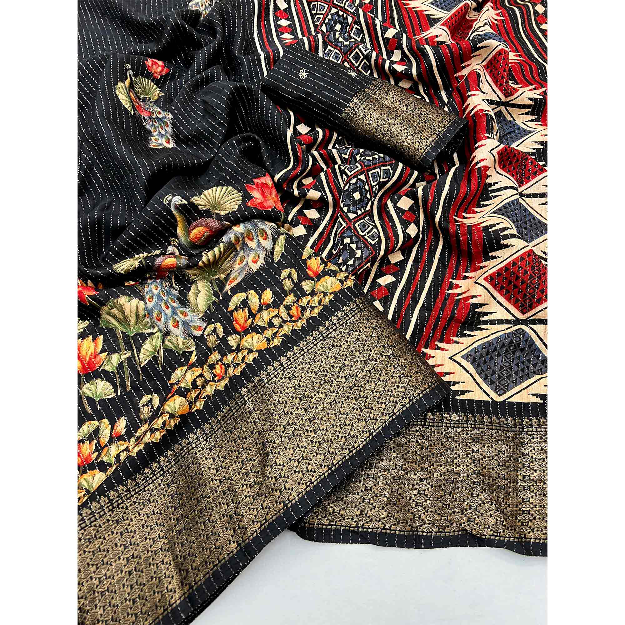 Black Floral Printed Dola Silk Saree With Jacquard Border - Image 3
