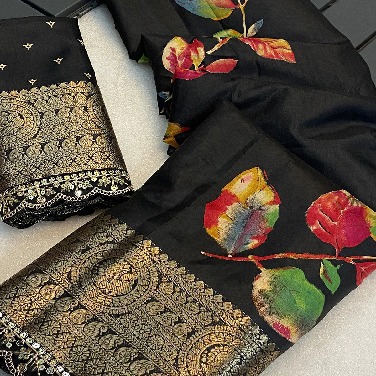 Black Floral Printed Dola Silk Saree With Woven Border - Image 2