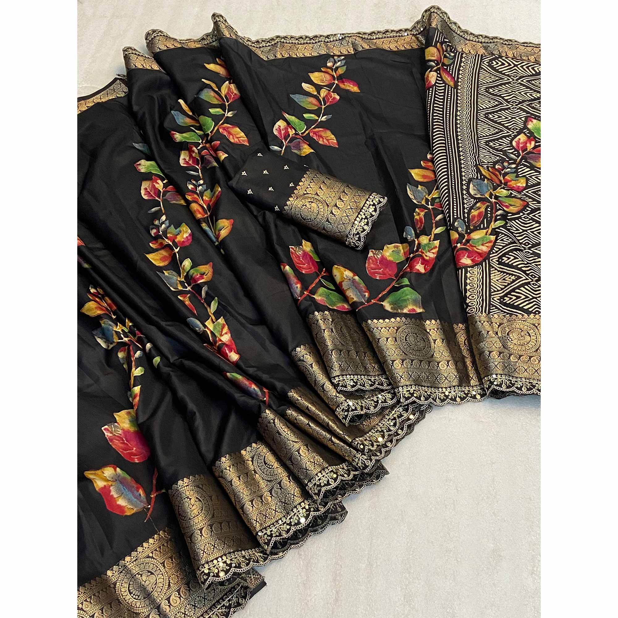 Black Floral Printed Dola Silk Saree With Woven Border - Image 3