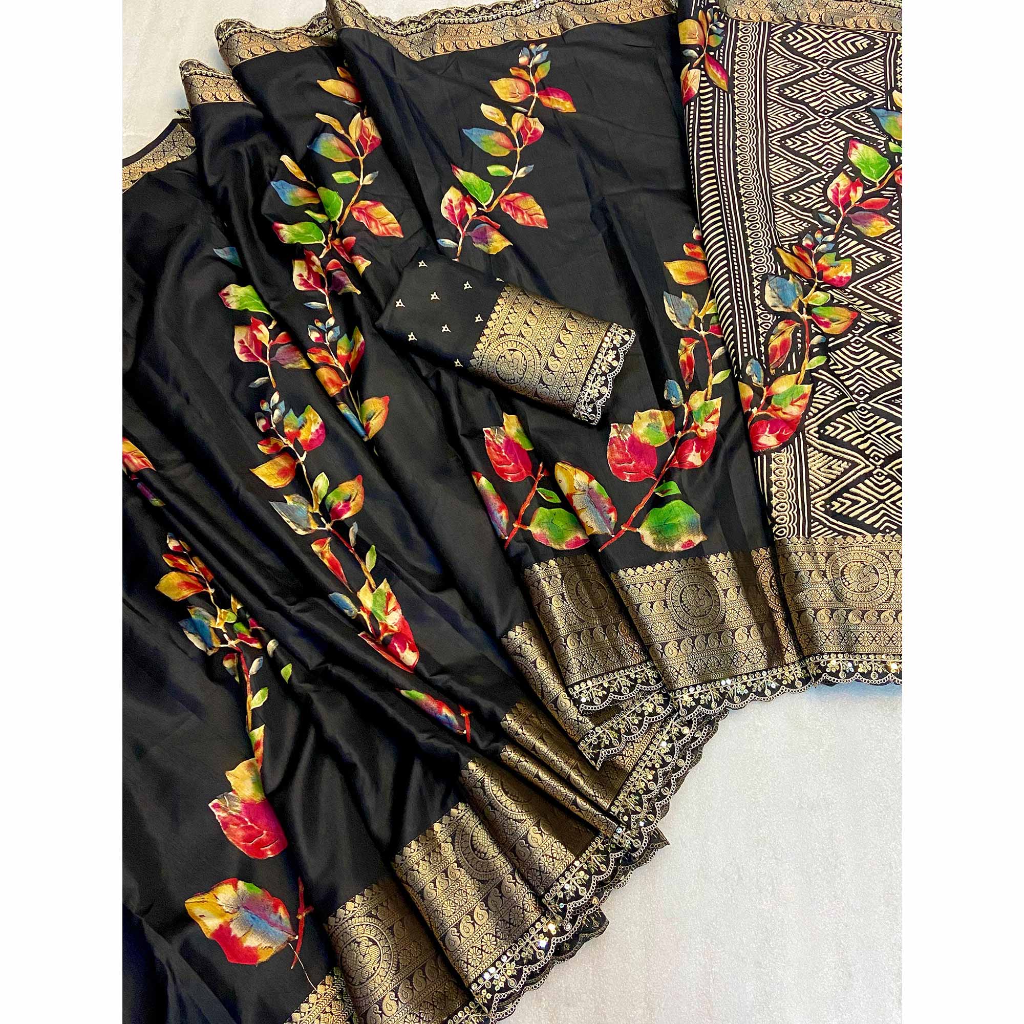 Black Floral Printed Dola Silk Saree With Woven Border - Image 4