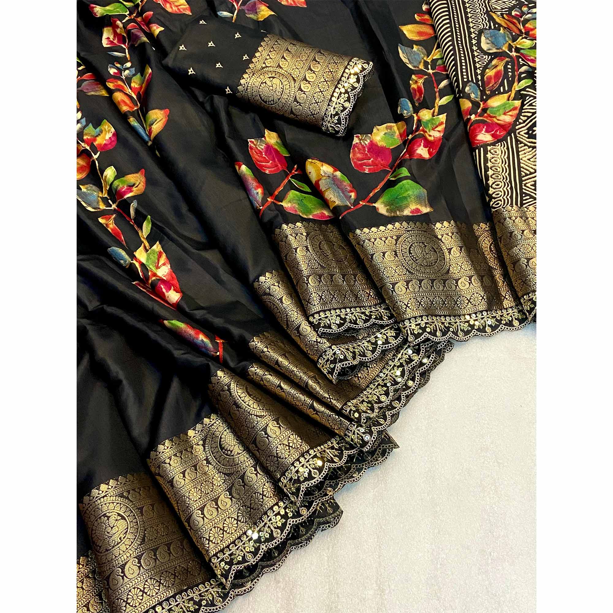 Black Floral Printed Dola Silk Saree With Woven Border - Image 5