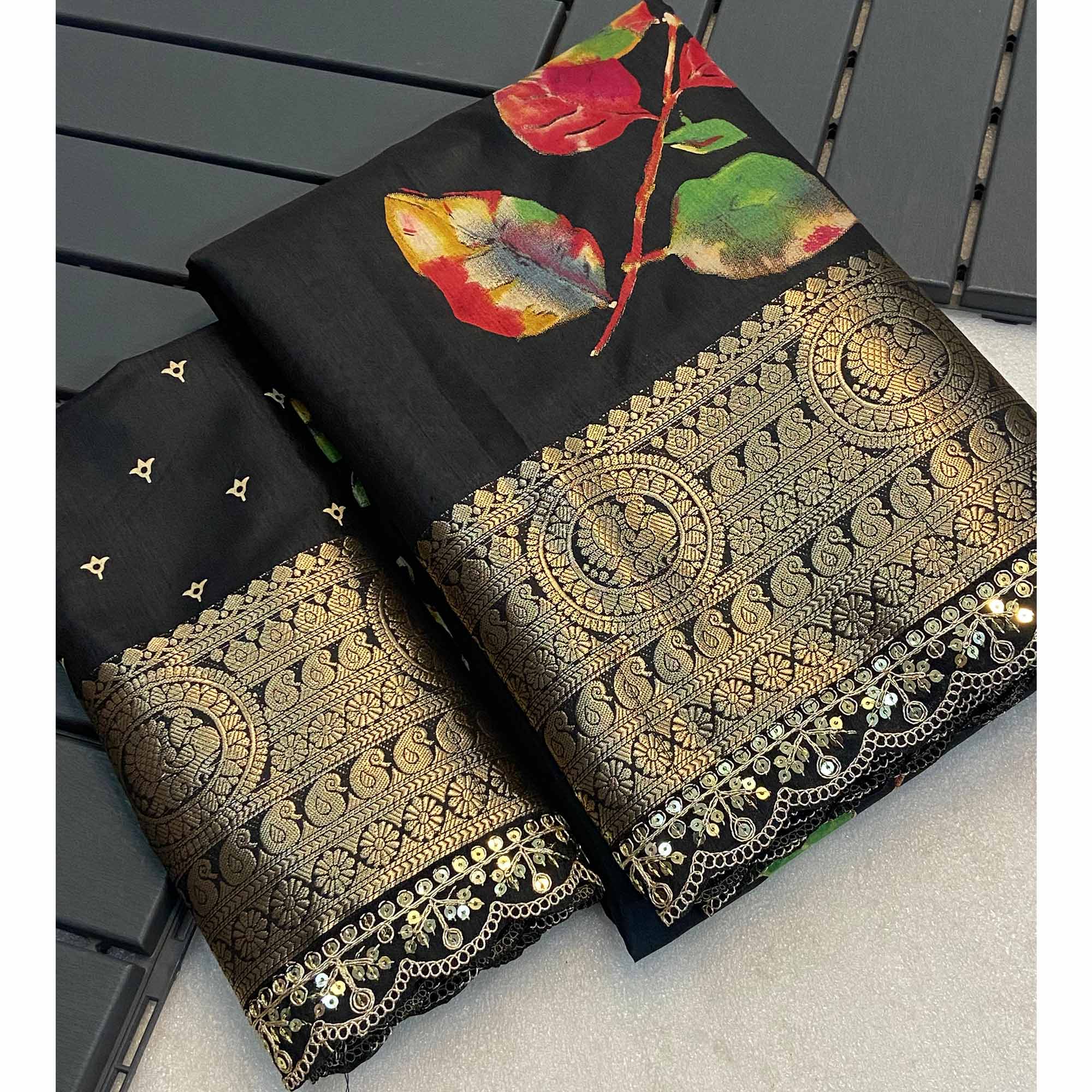 Black Floral Printed Dola Silk Saree With Woven Border - Image 6