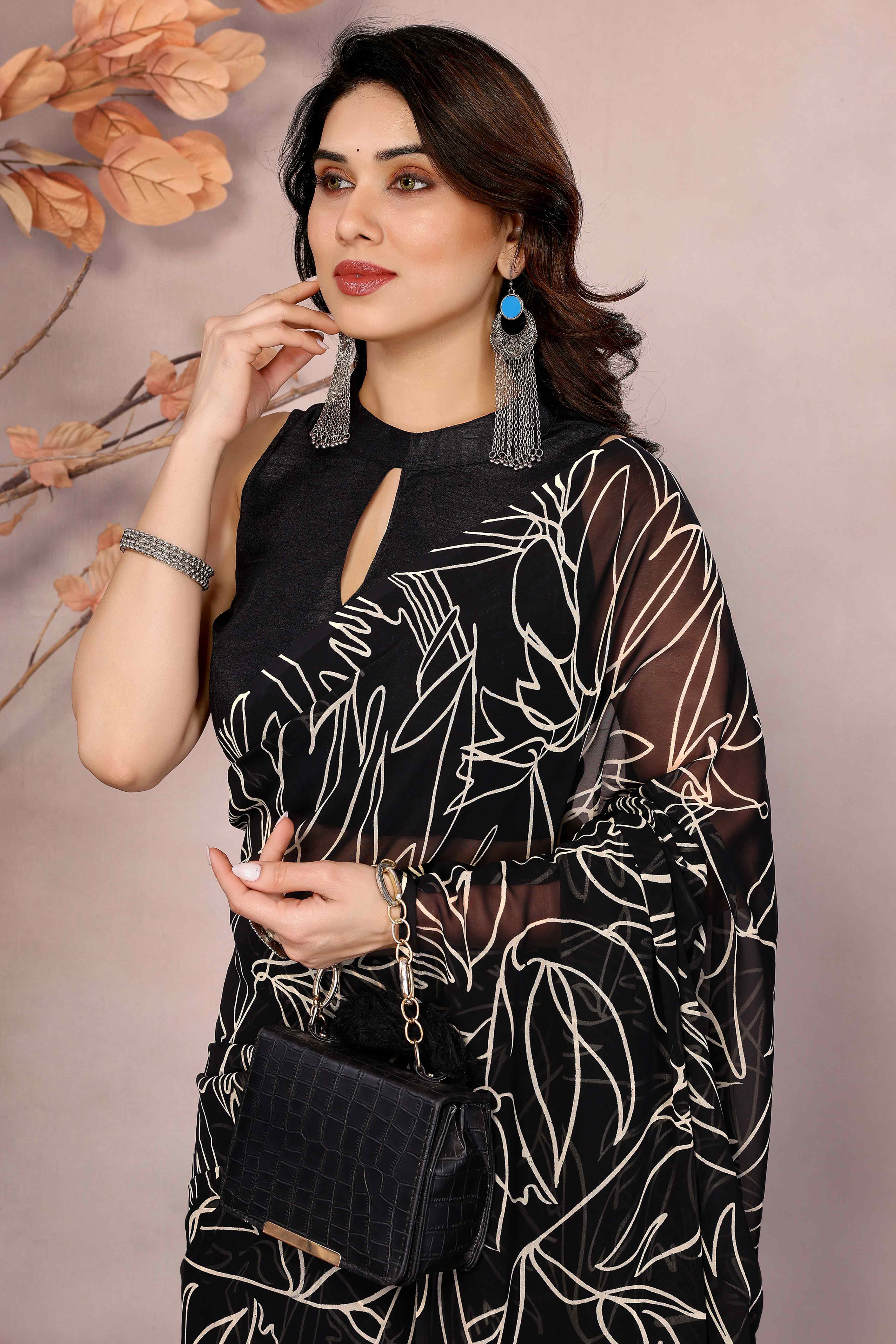 Black Floral Printed Georgette Ready Made Saree With Tassels - Image 5