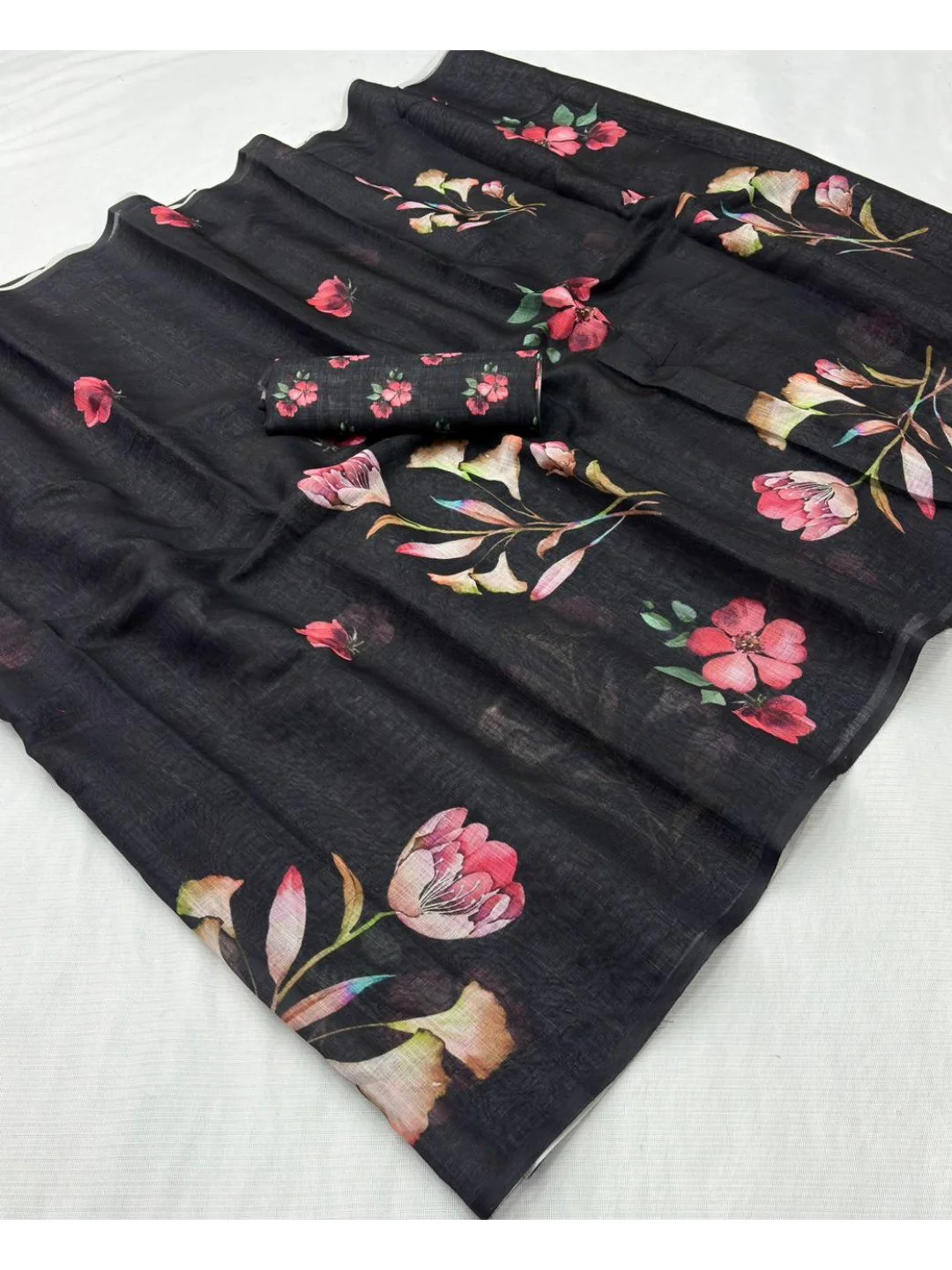 Black Floral Printed Linen Saree - Image 2