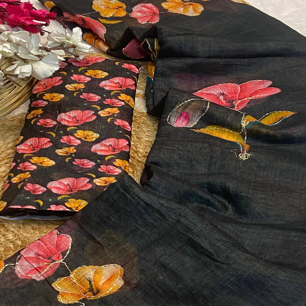 Black Floral Printed Linen Saree - Image 2