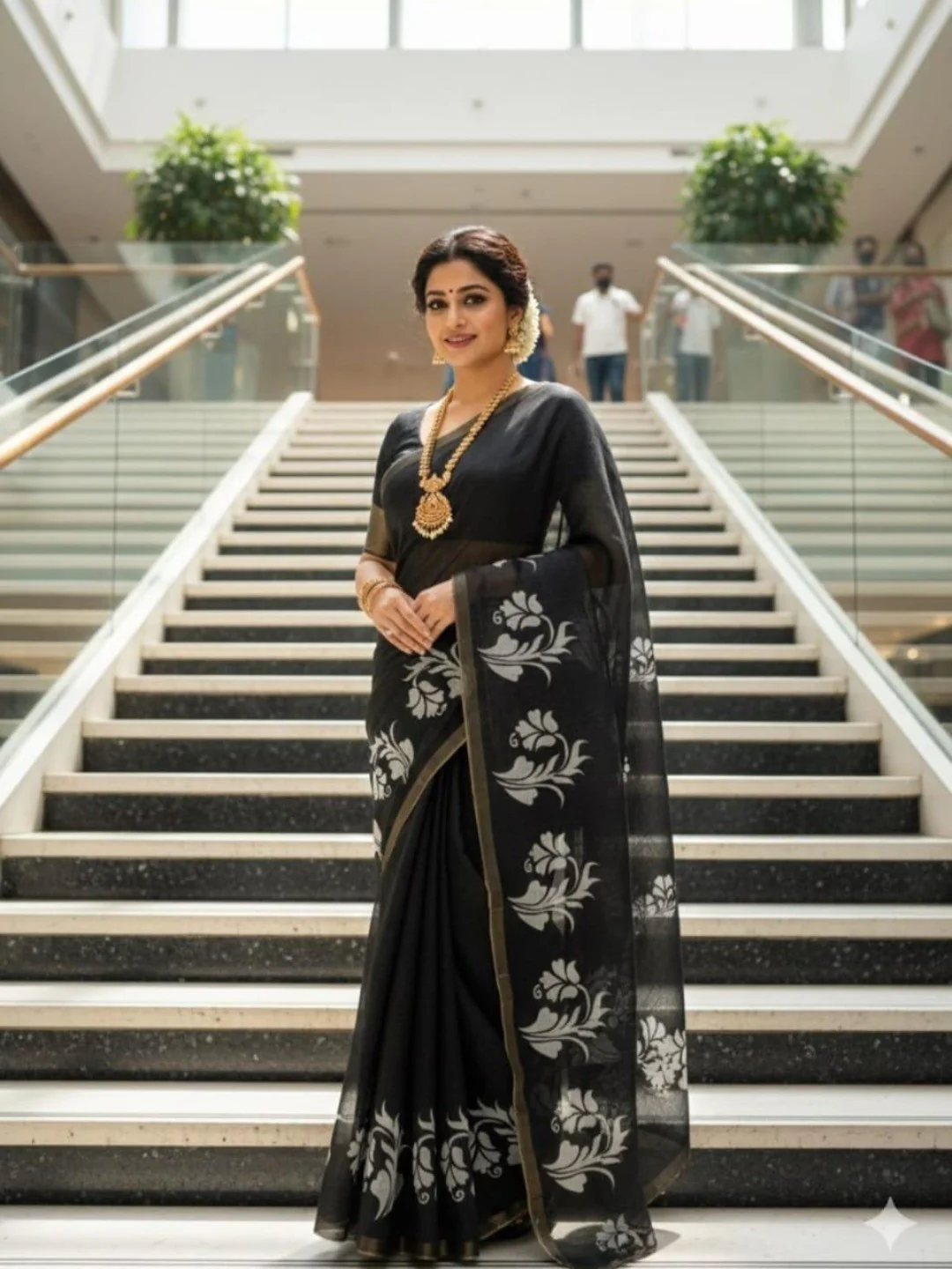 Black Floral Printed Linen Saree with Lightweight Natural Fabric Feel