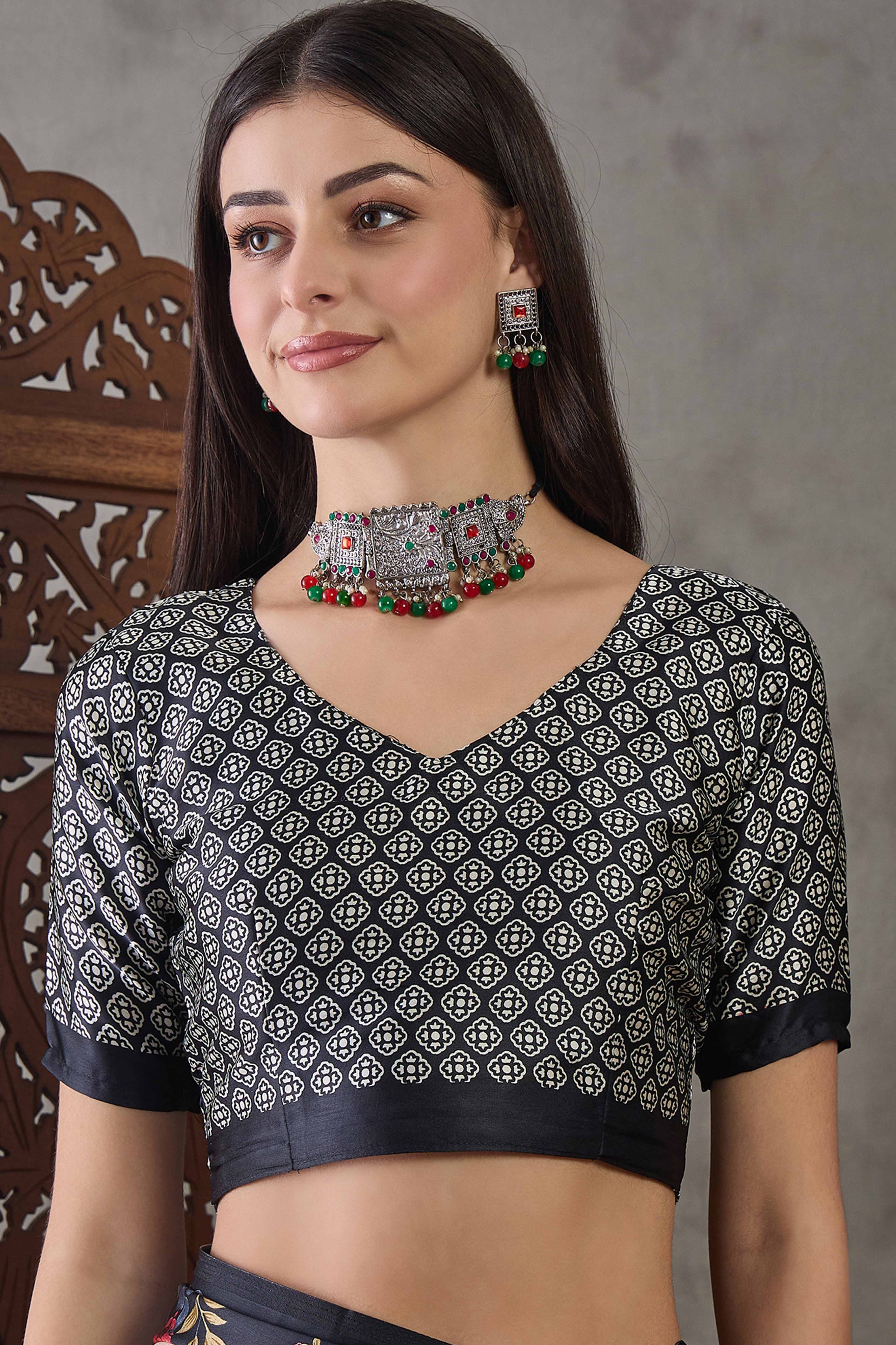 Black Floral Printed Modal Satin Party Wear Saree with a Smooth Satin Finish - Image 7