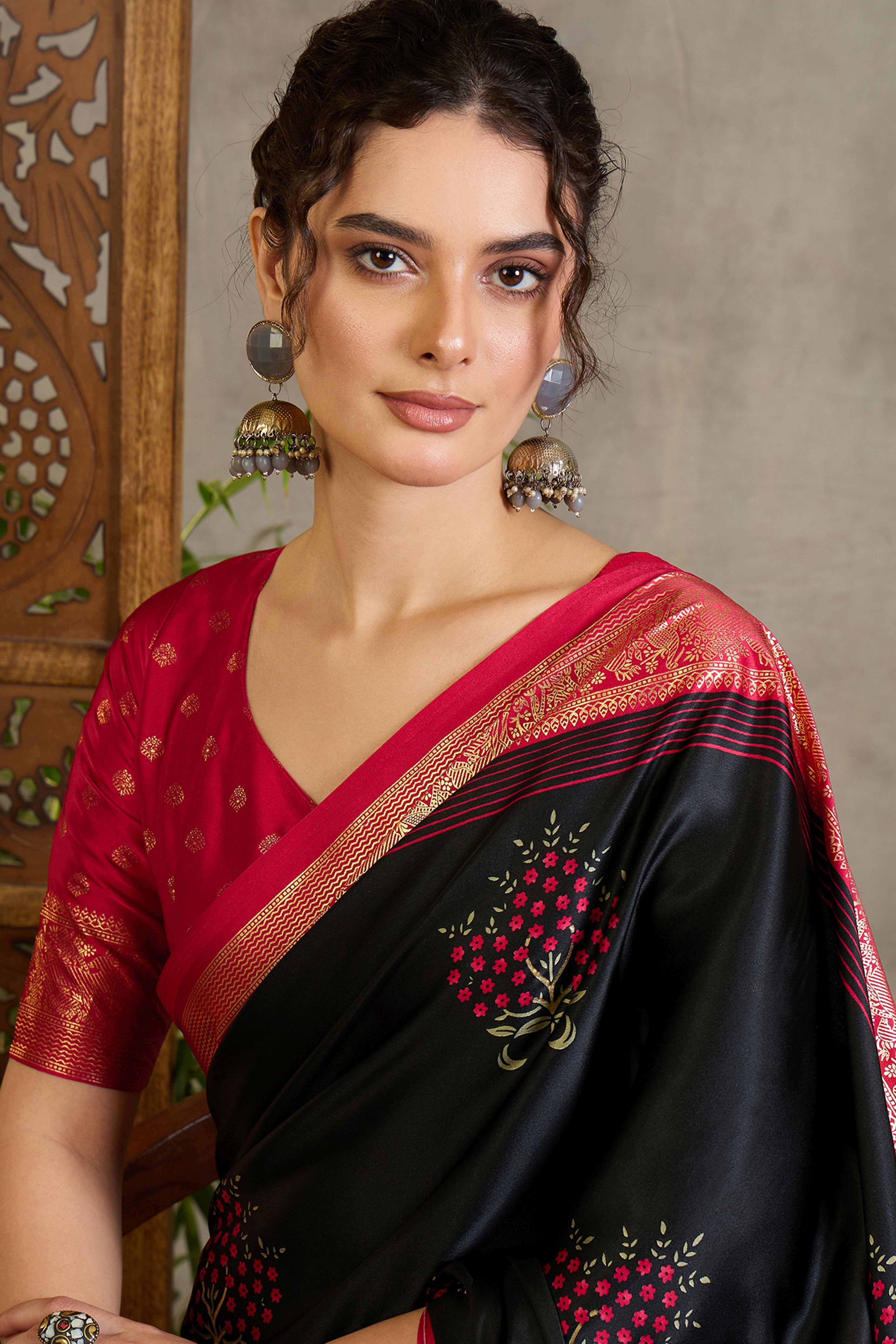 Black Floral Printed Modal Satin Saree with Traditional Zari Detailing - Image 7