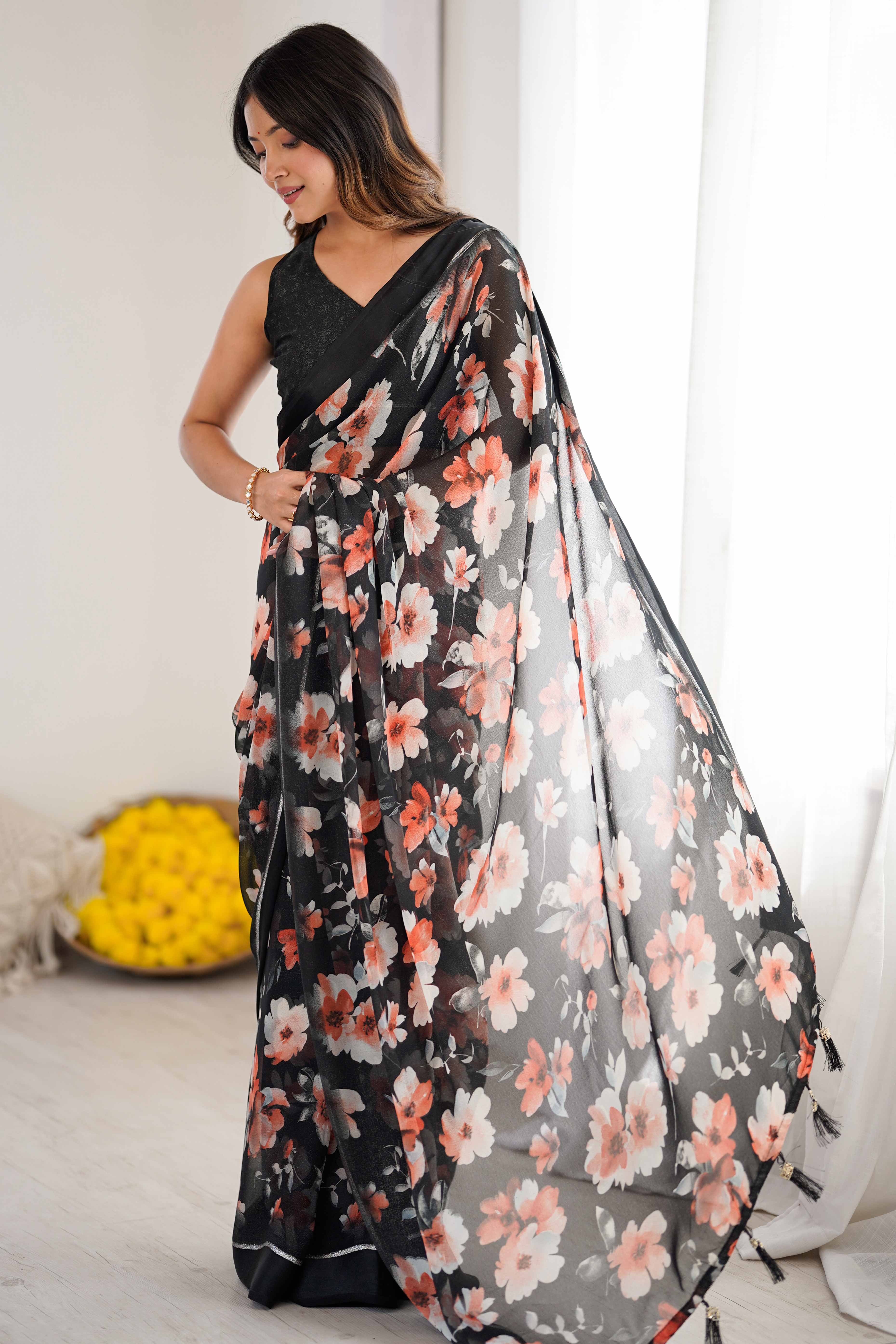 Black Floral Printed Moss Silk Blend Saree Adorned With Playful Tassel Pallu - Image 5