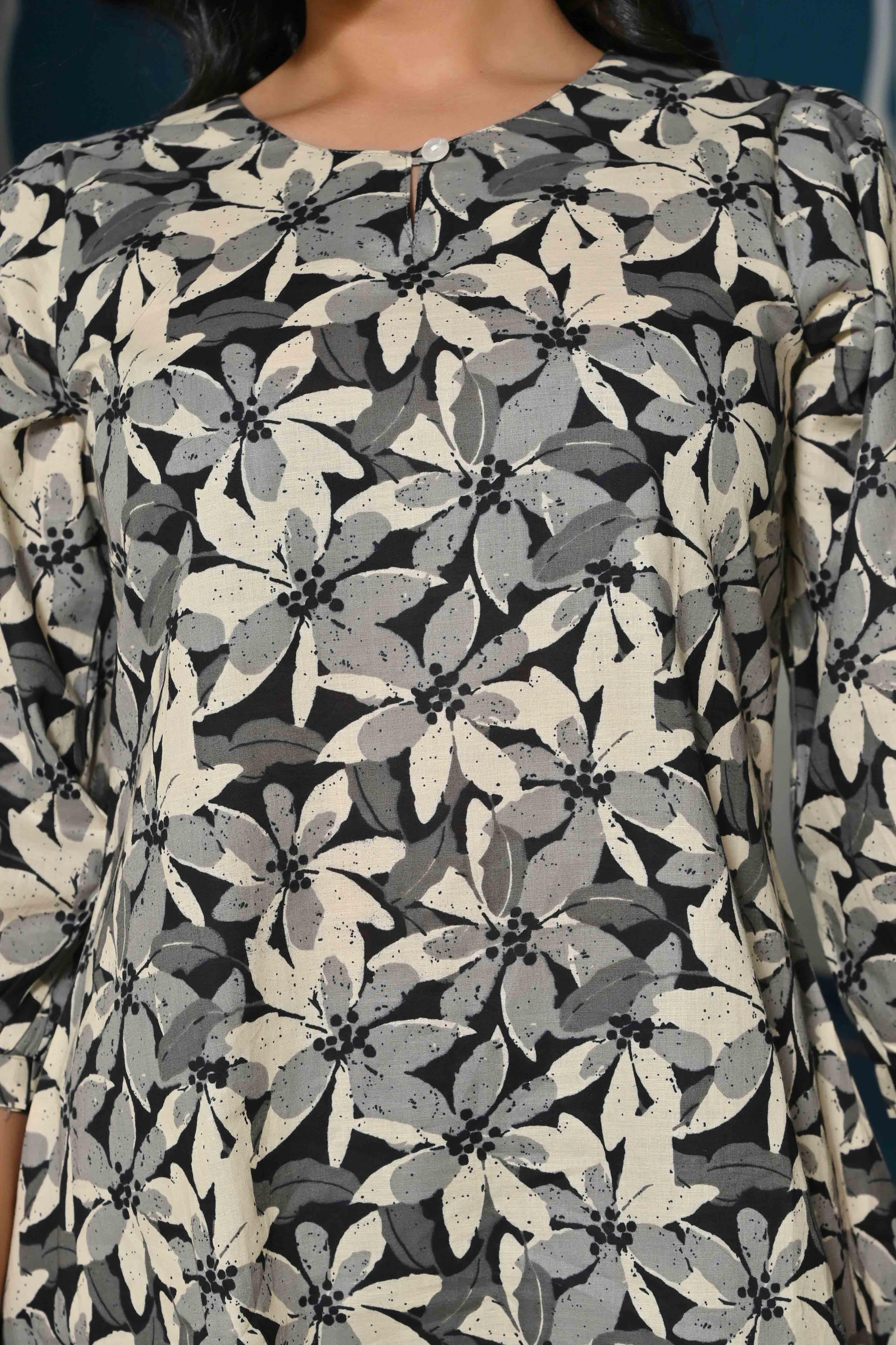 Black Floral Printed Pure Cotton A-Line Top - Image 2