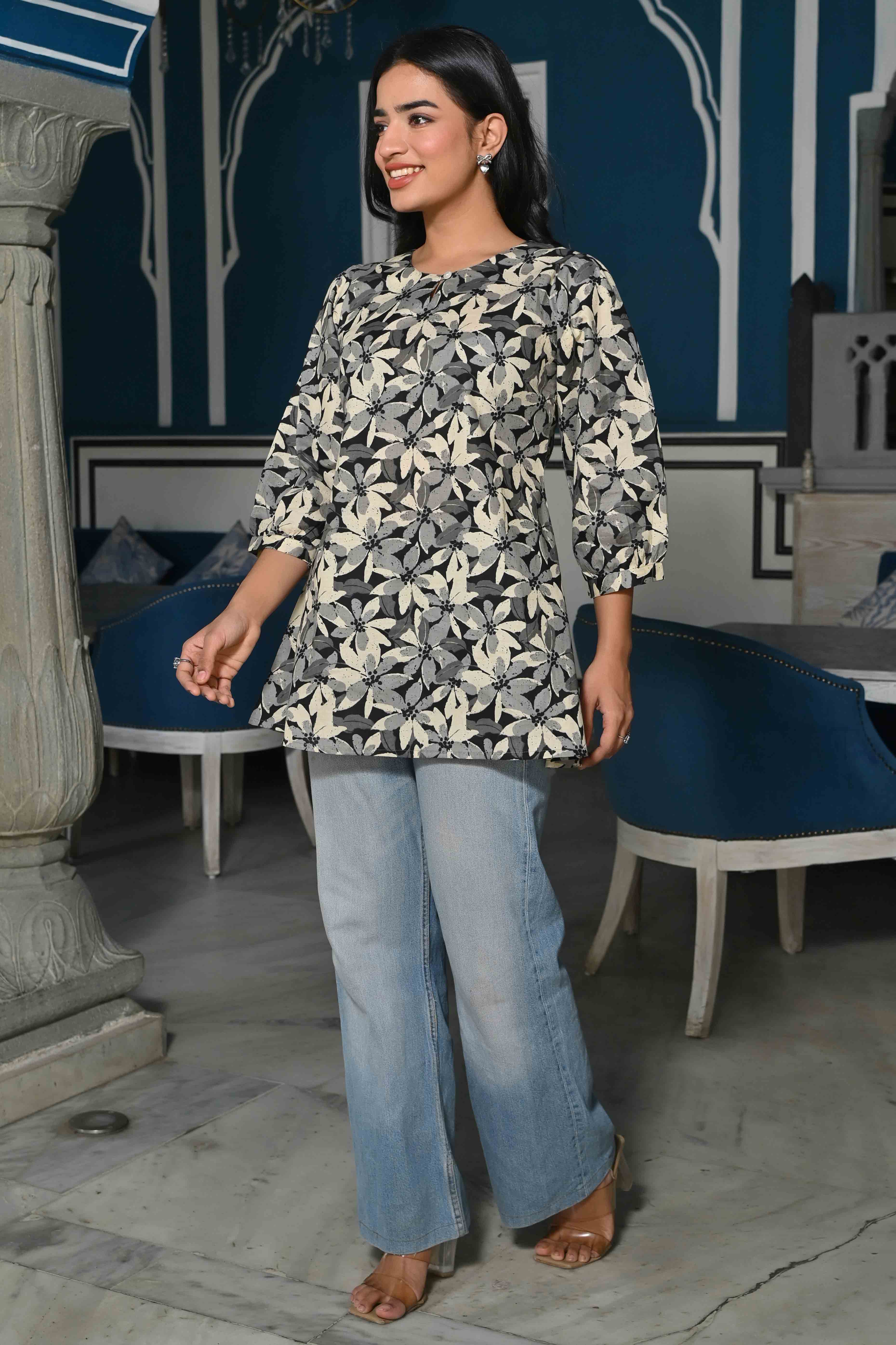 Black Floral Printed Pure Cotton A-Line Top - Image 9