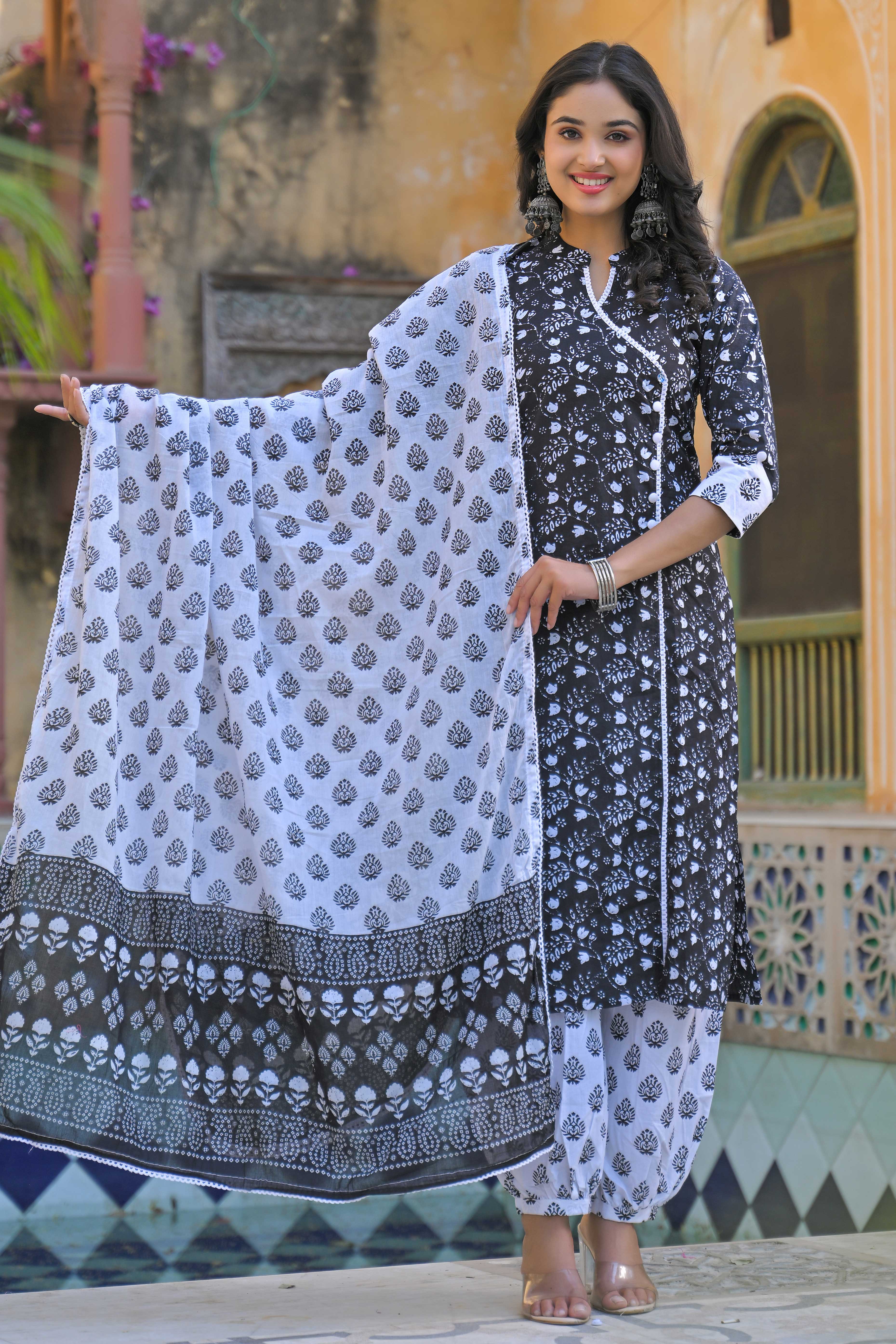Black Floral Printed Pure Cotton Angrakha Salwar Suit - Image 4