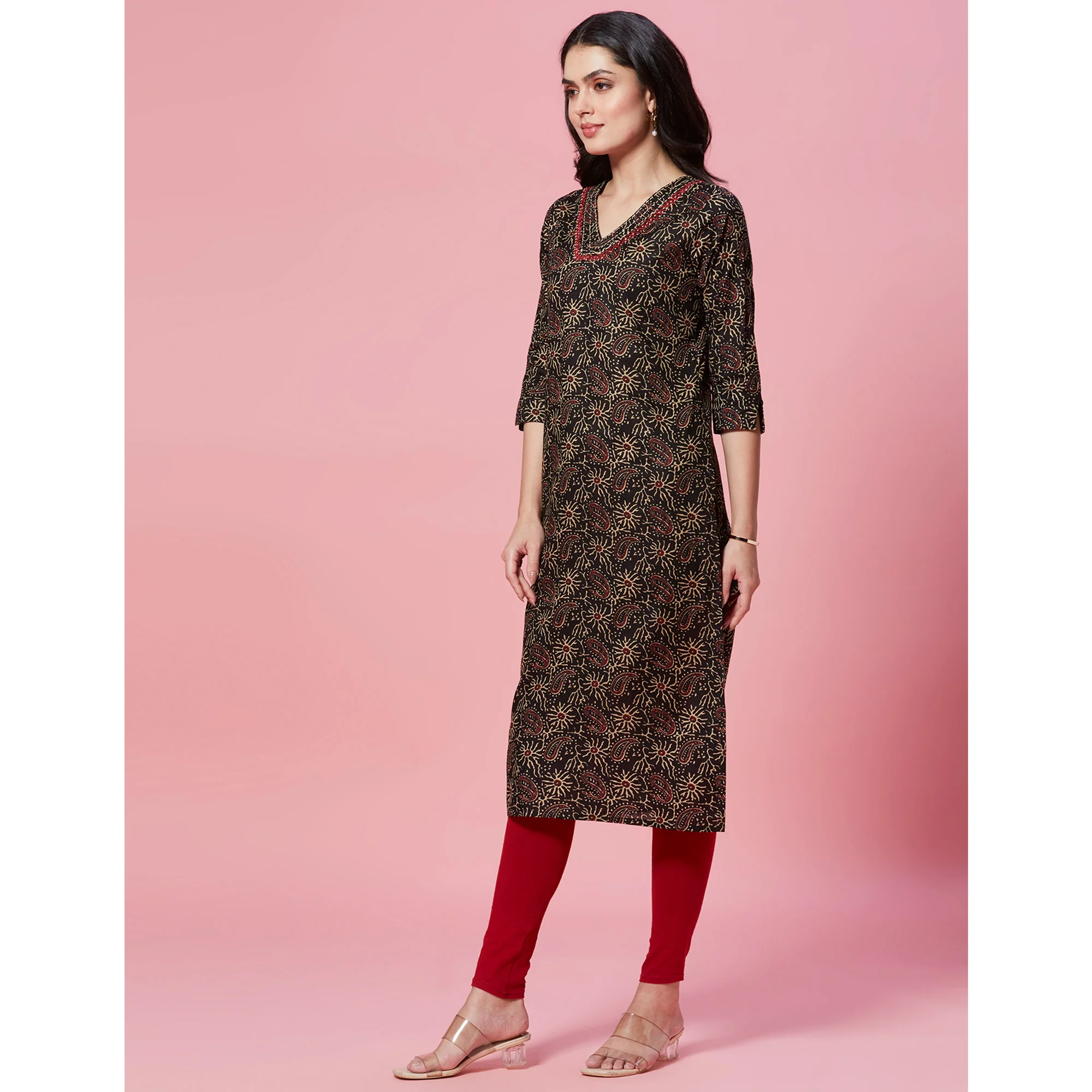 Black Floral Printed Pure Cotton Straight Kurti - Image 4
