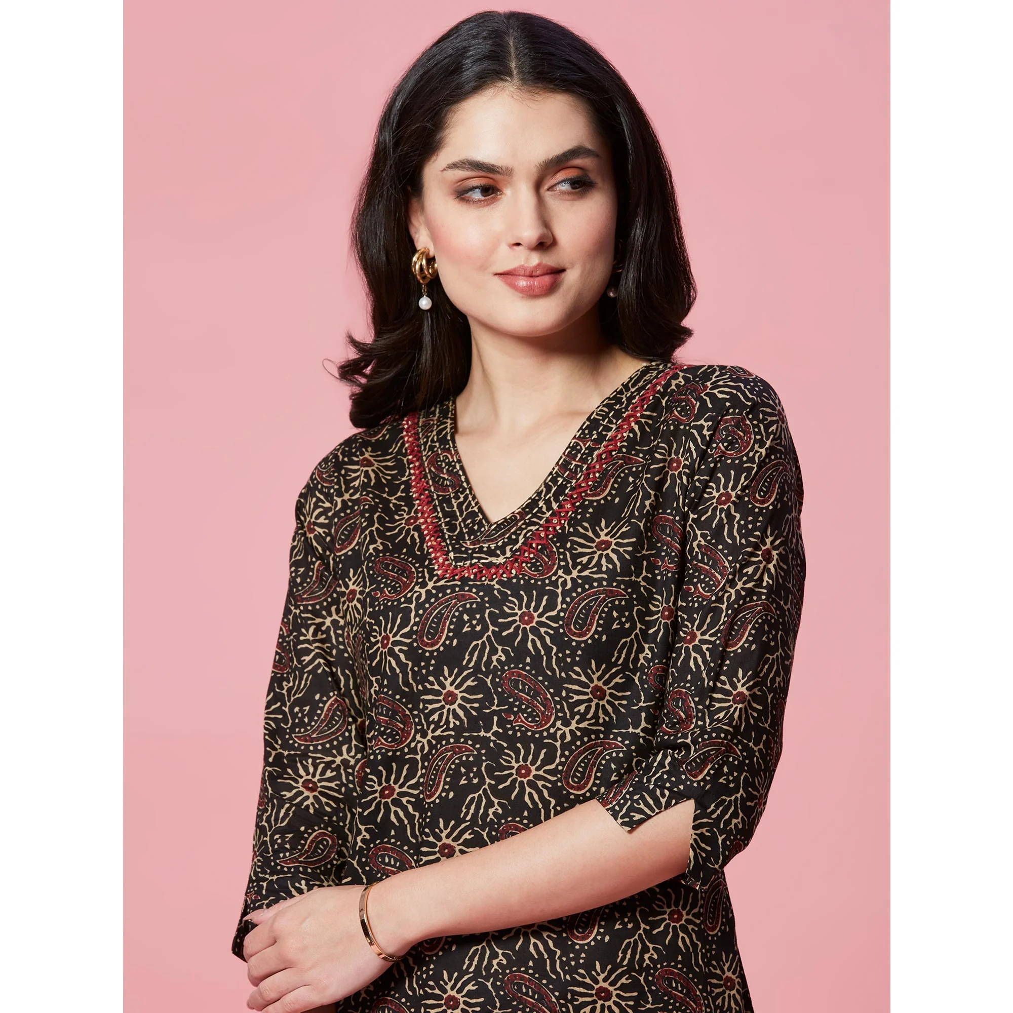 Black Floral Printed Pure Cotton Straight Kurti - Image 8