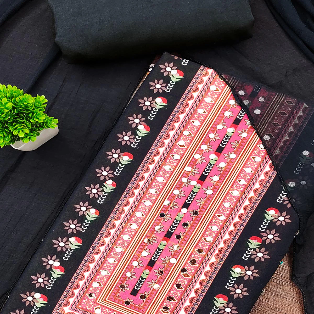 Black Floral Printed Rayon Fabric Set with Decorative Mirror Work for a Festive Look - Image 2