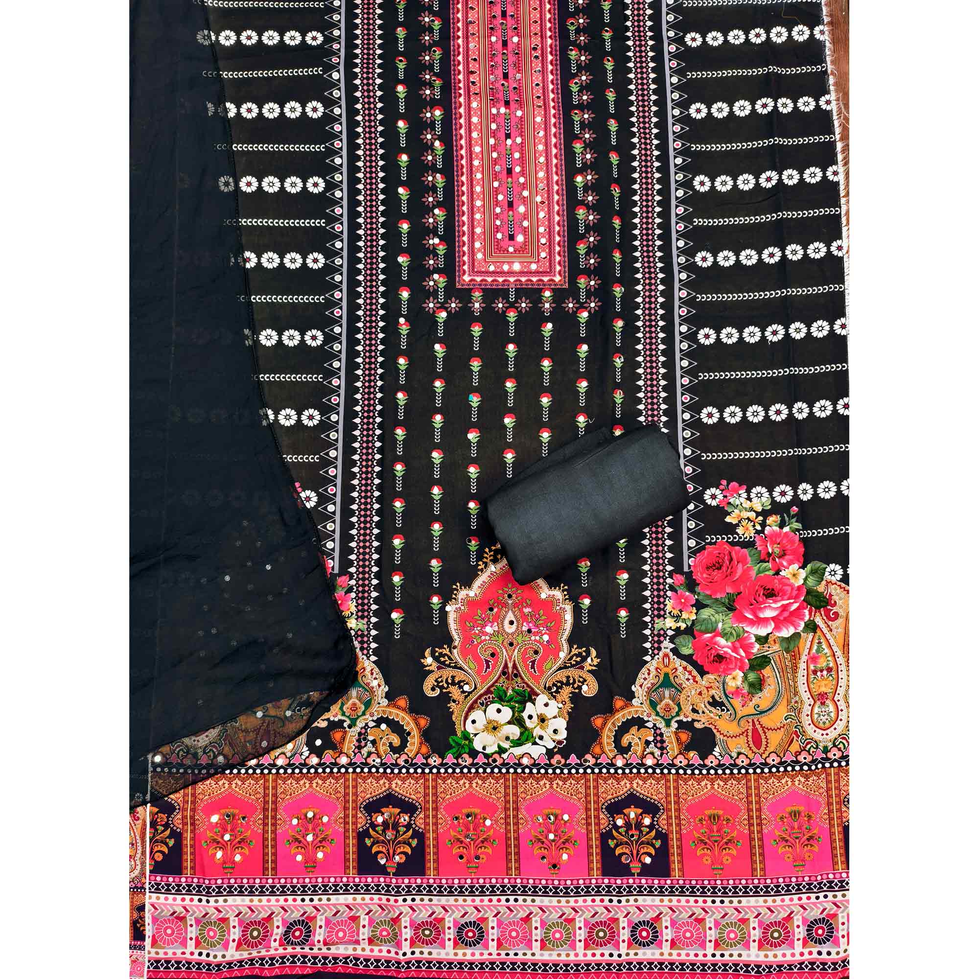 Black Floral Printed Rayon Fabric Set with Decorative Mirror Work for a Festive Look - Image 3