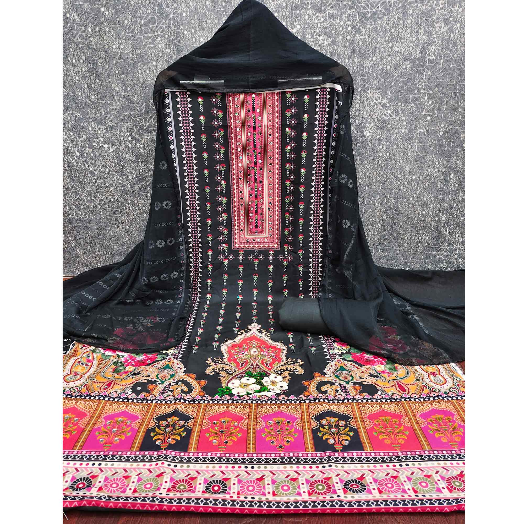 Black Floral Printed Rayon Fabric Set with Decorative Mirror Work for a Festive Look - Image 4
