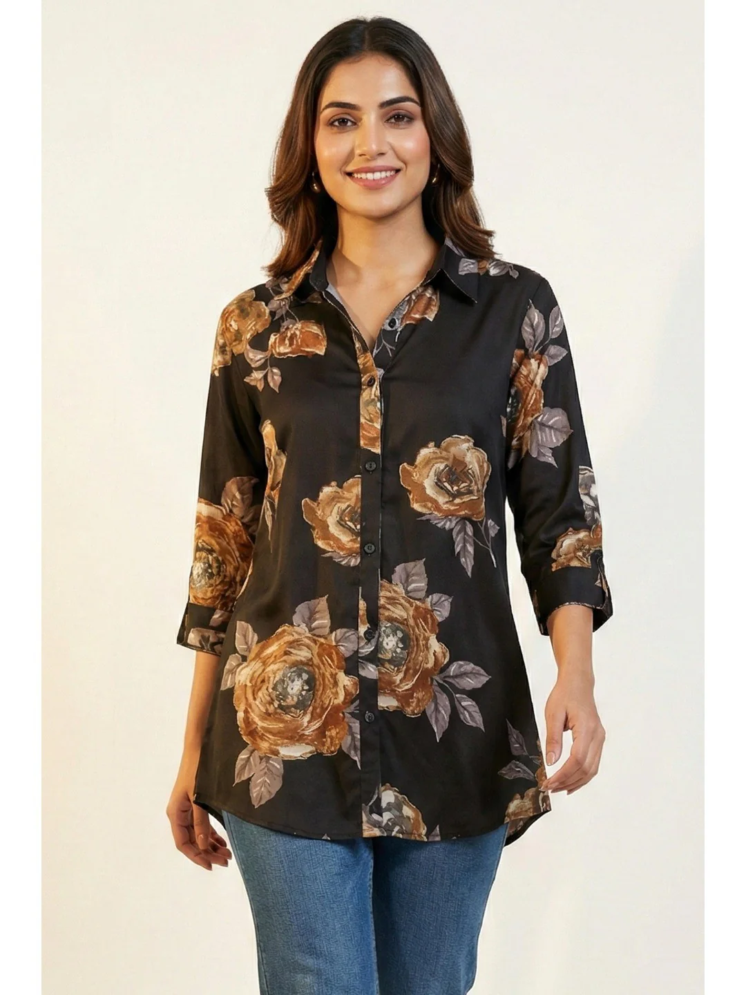 Black Floral Printed Soft Rayon Straight-Cut Summer Top