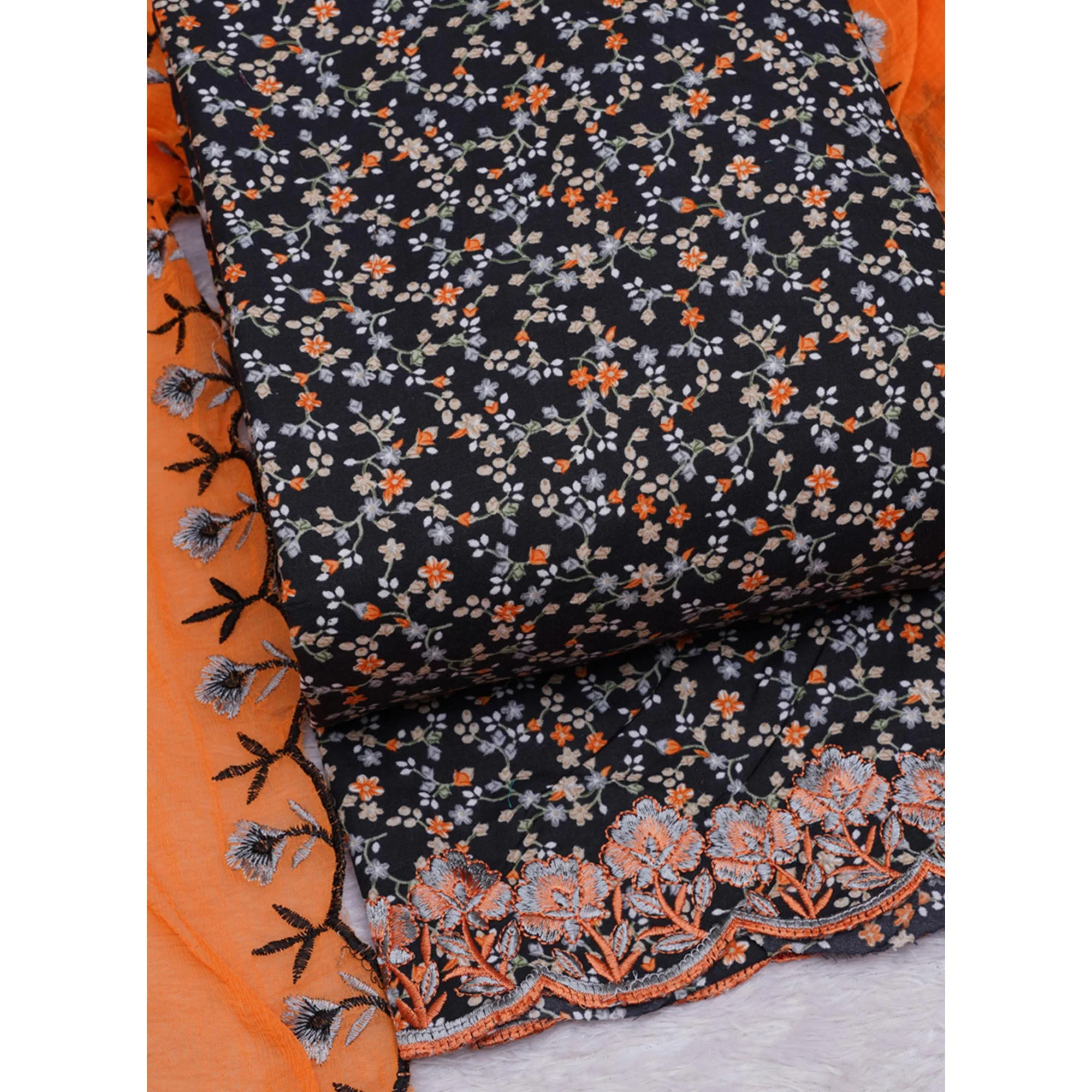 Black Floral Printed With Embroidery Cotton Silk Dress Material - Image 5