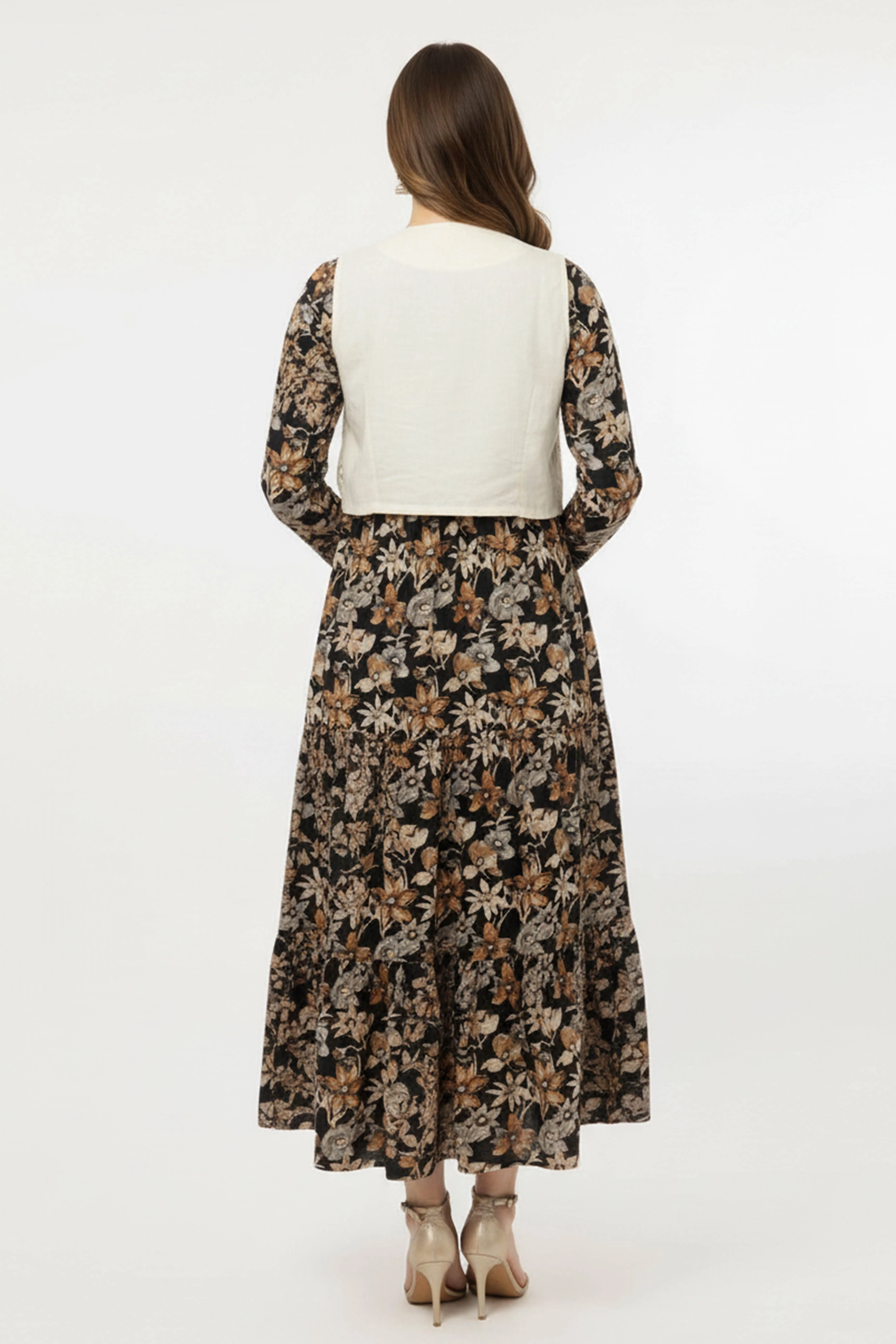 Black Floral Pure Cotton Midi Dress Kurti with Complementing Overlay Jacket - Image 3