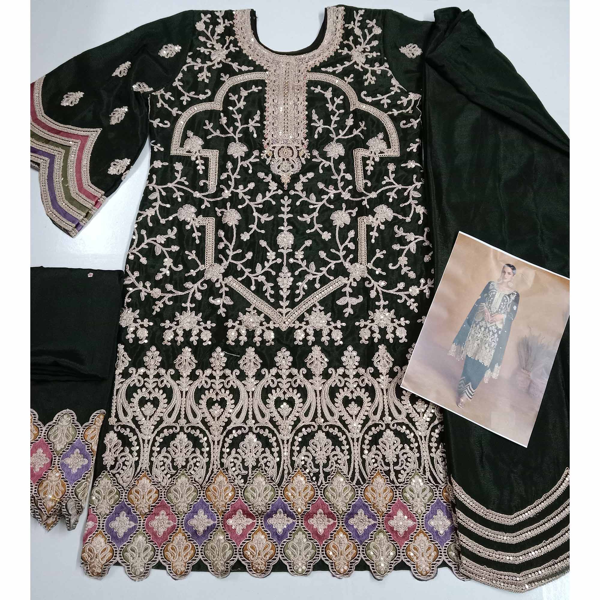 Black Floral Sequins Embroidered Chinon Palazzo Suit - Image 4