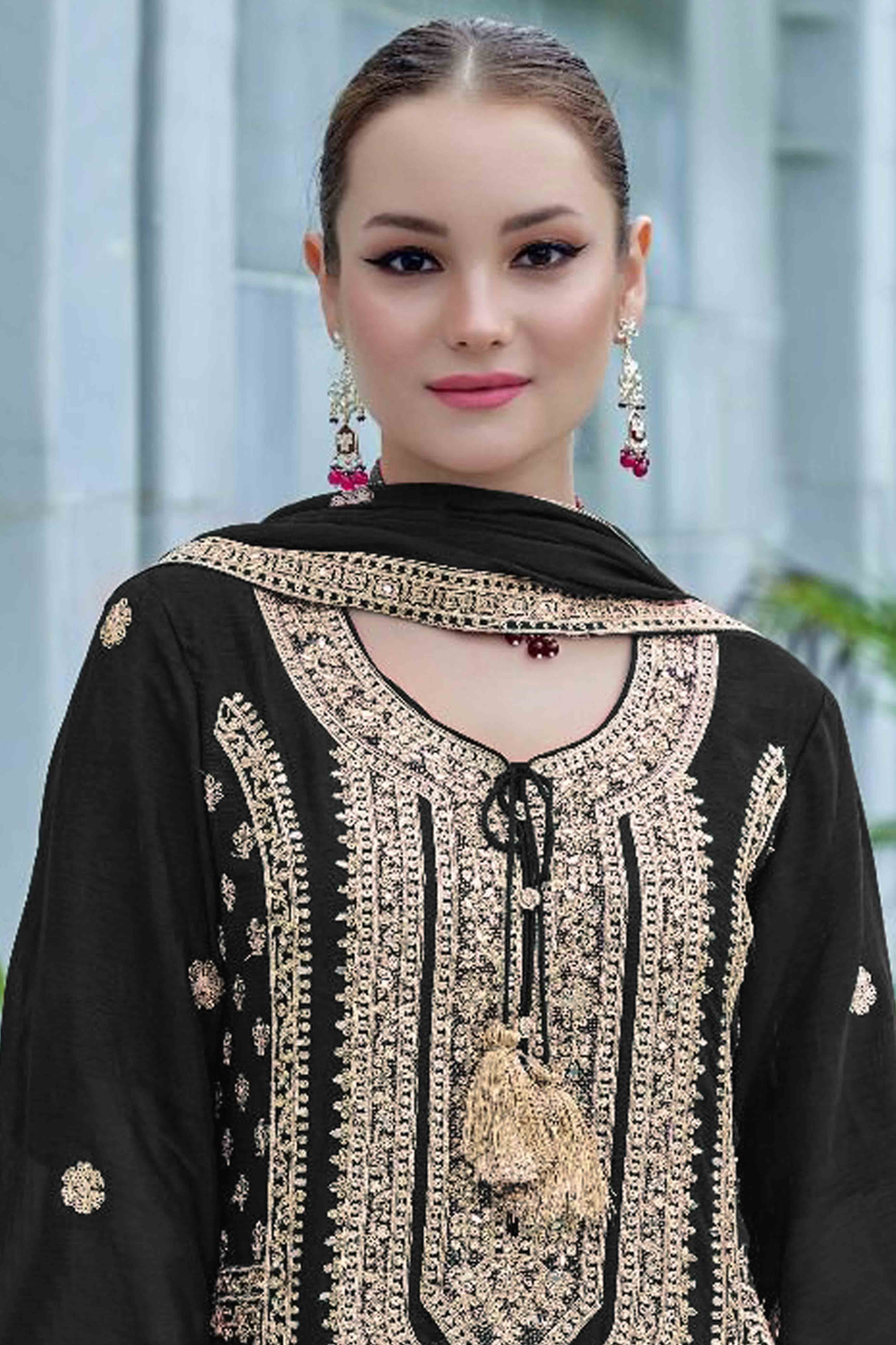 Black Floral Sequins Embroidered Chinon Semi Stitched Pakistani Suit - Image 3