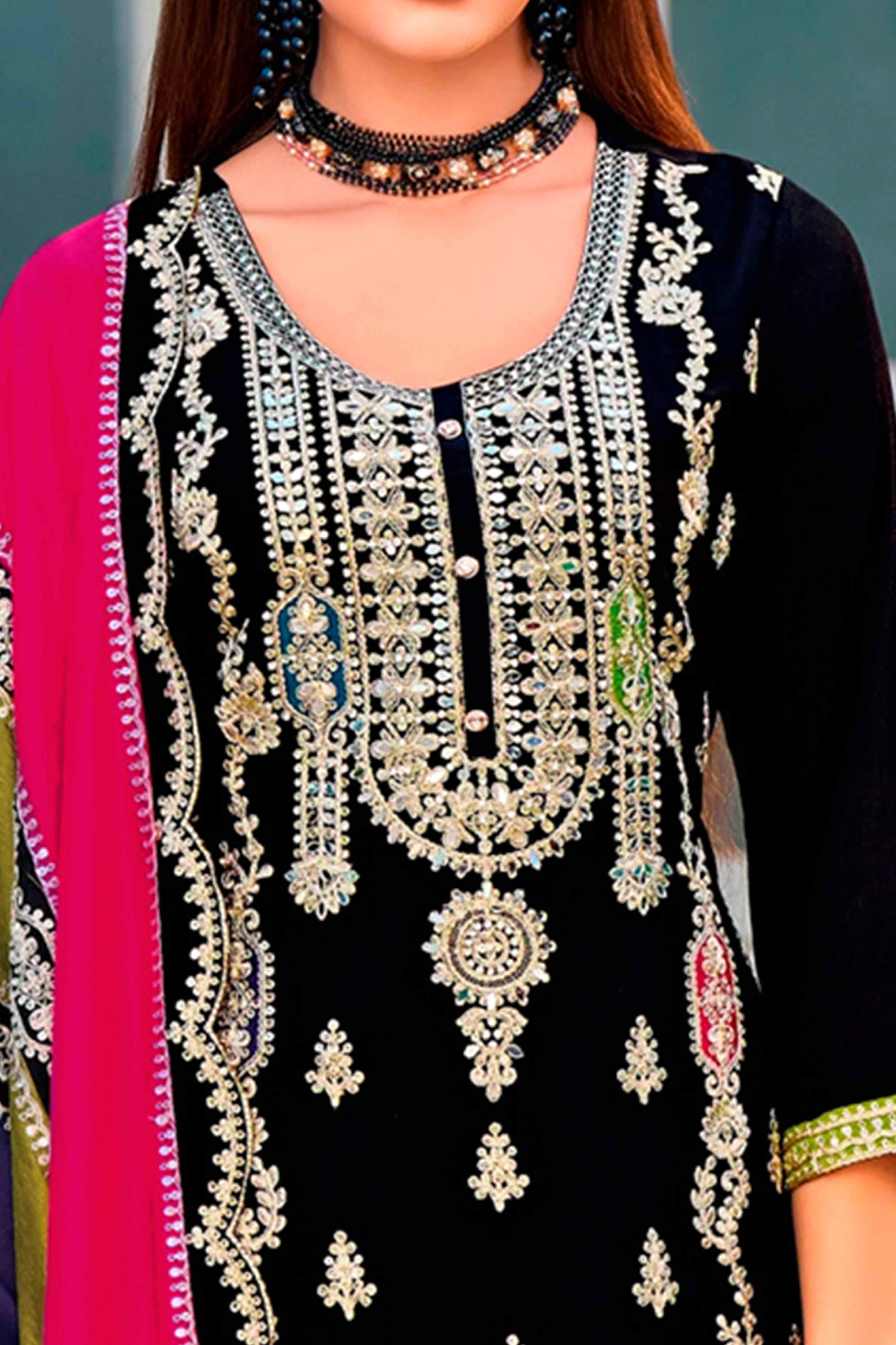Black Floral Sequins Embroidered Chinon Semi Stitched Palazzo Suit - Image 2