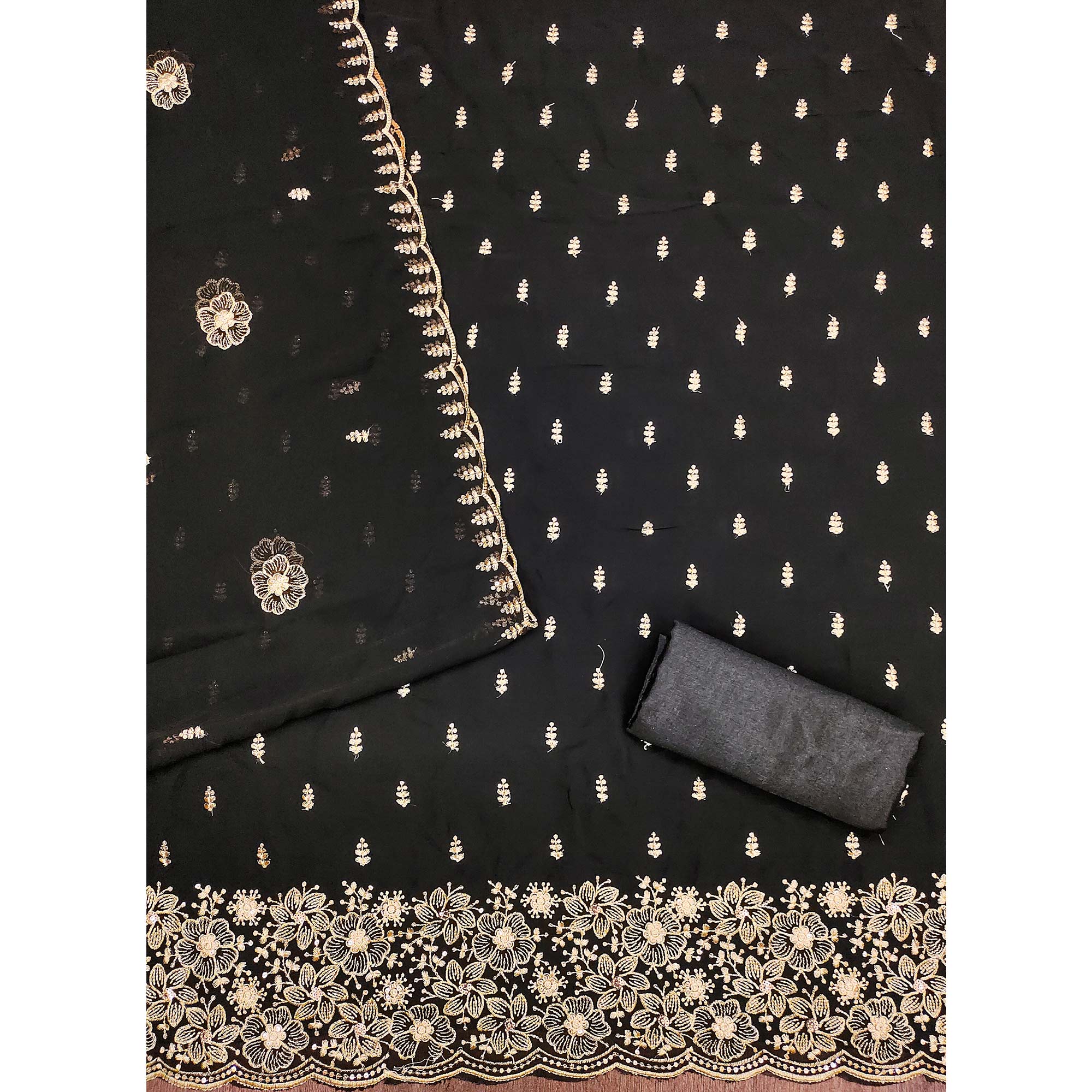 Black Floral Sequins Embroidered Georgette Dress Material - Image 5