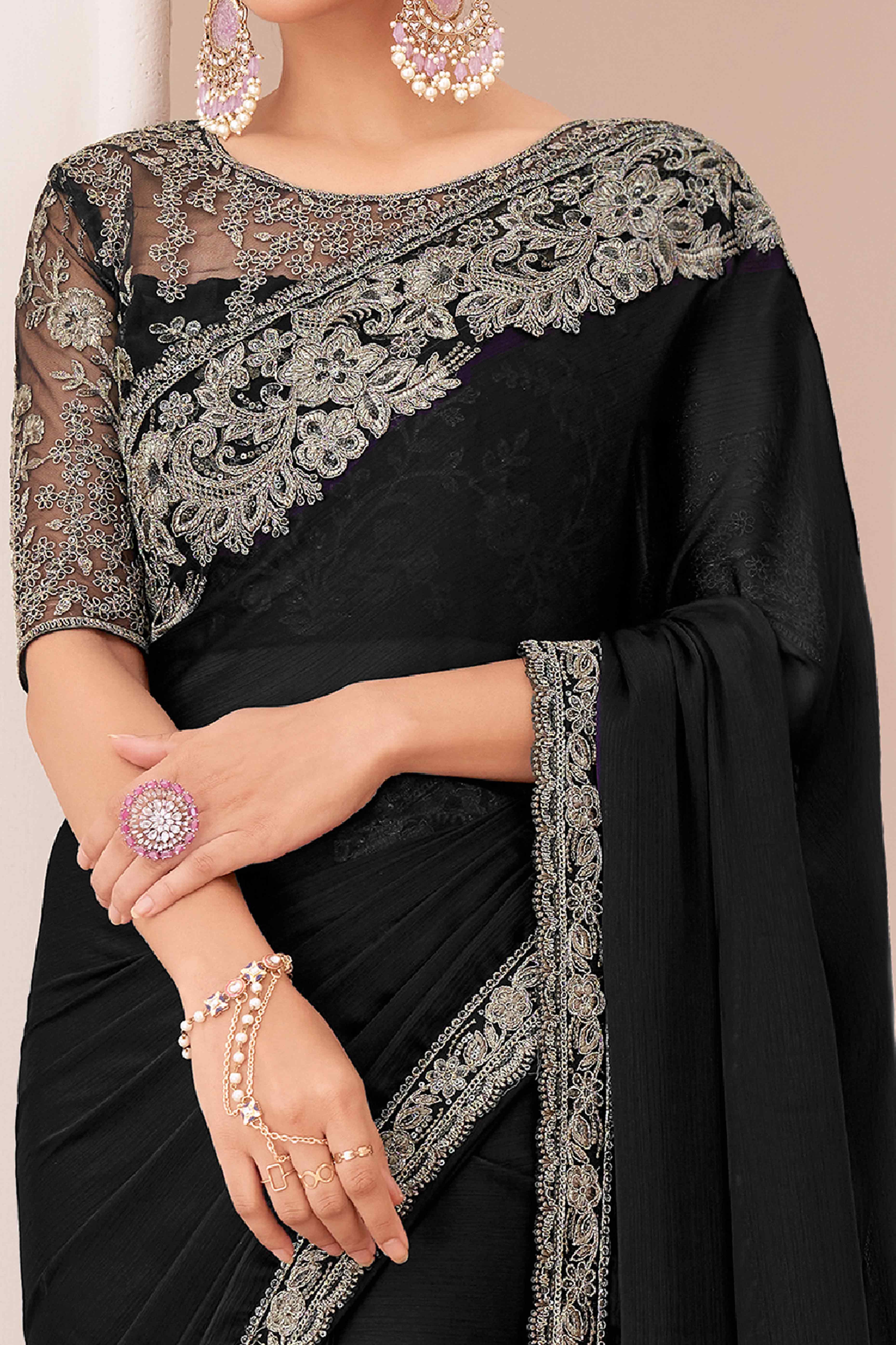 Black Floral Sequins Embroidered Georgette Saree - Image 2