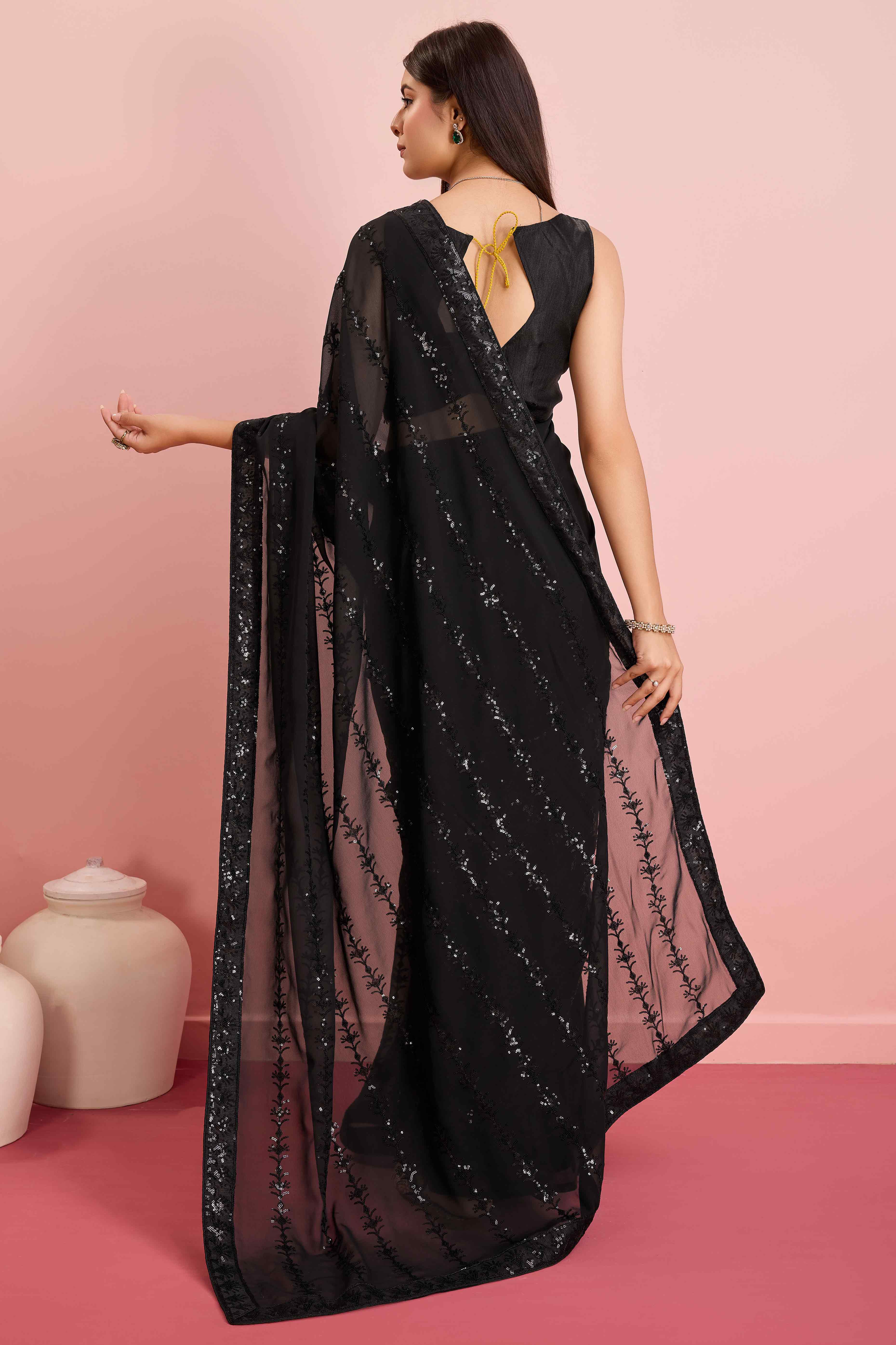 Black Floral Sequins Embroidered Georgette Saree - Image 5