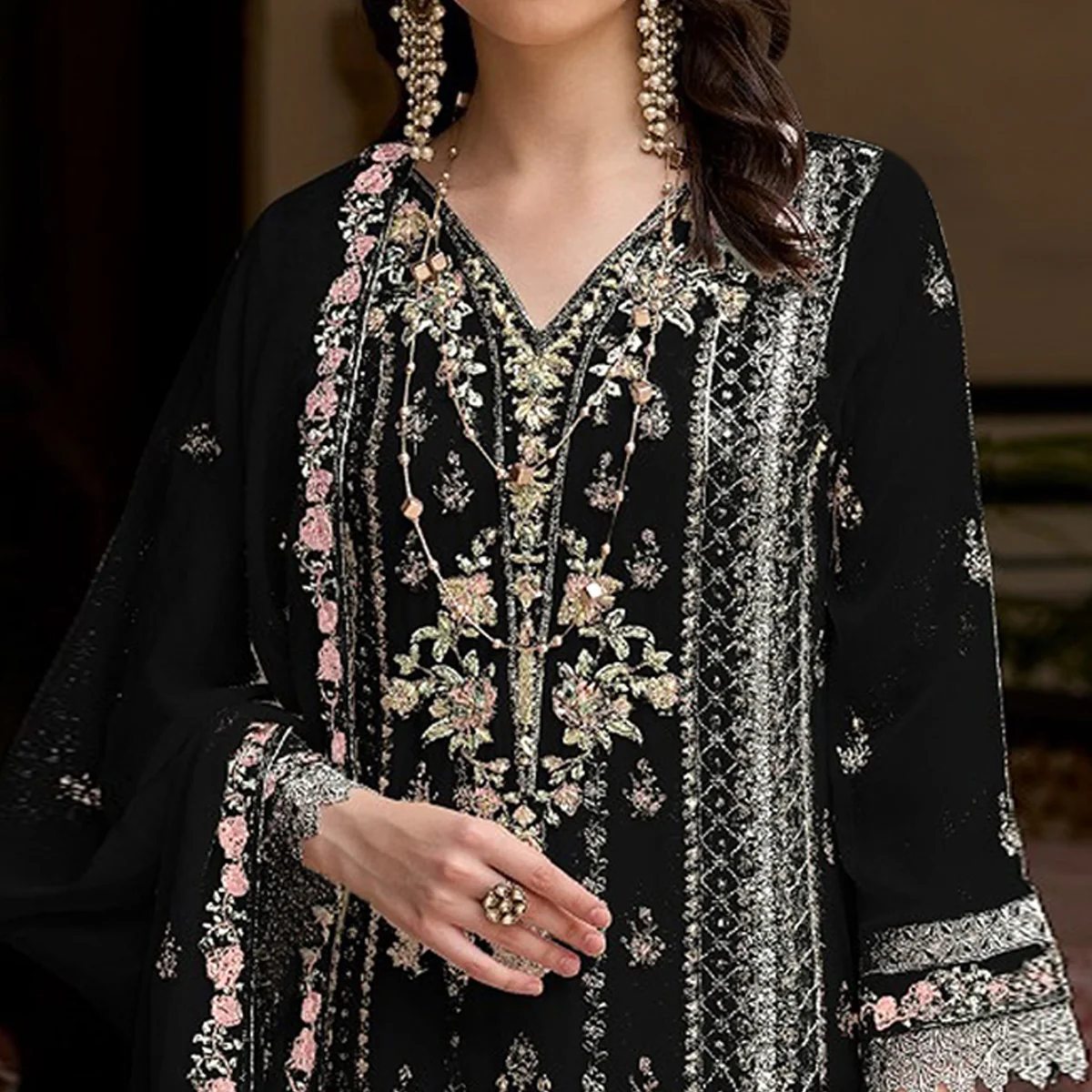 Black Floral Sequins Embroidered Georgette Semi Stitched Pakistani Suit - Image 3