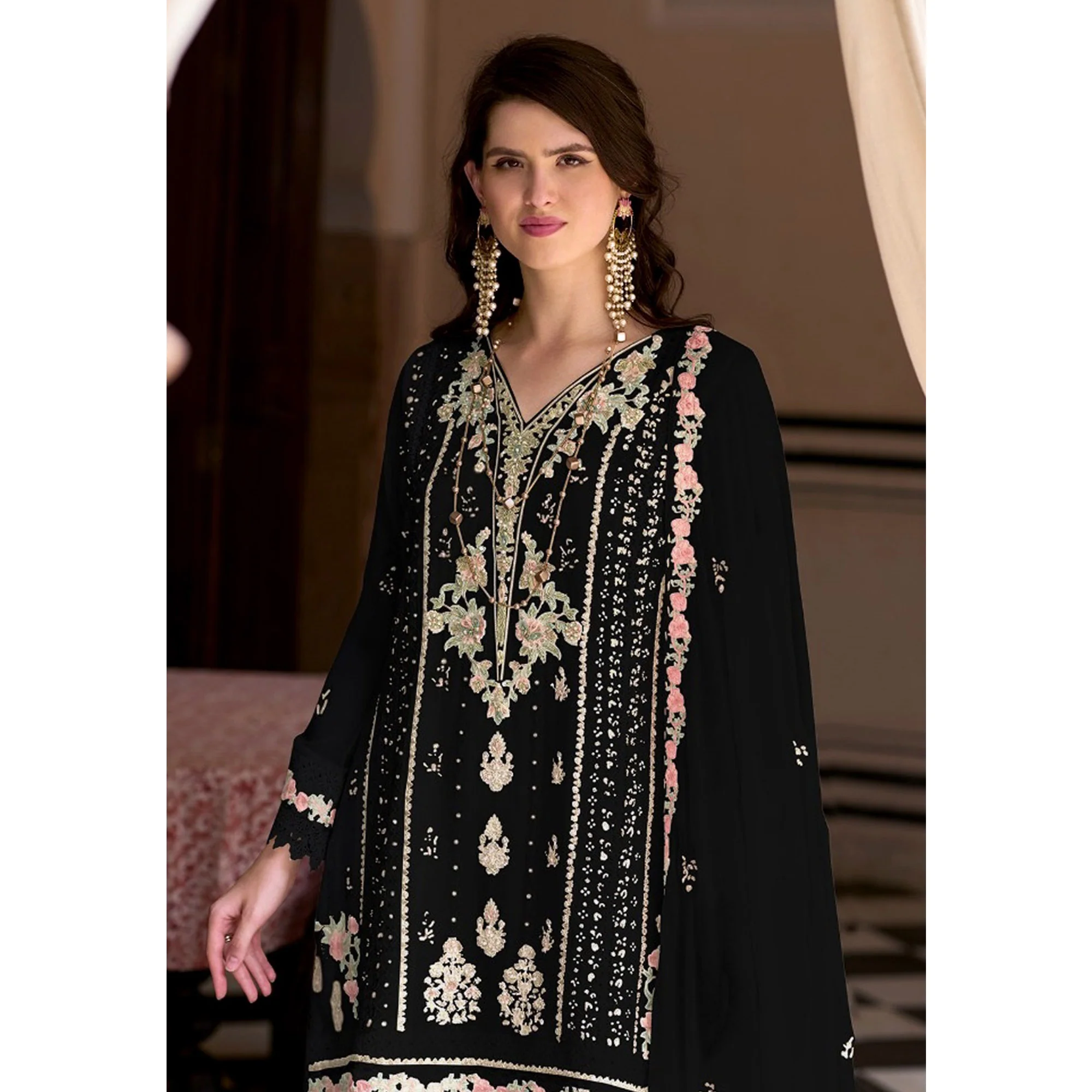 Black Floral Sequins Embroidered Georgette Semi Stitched Pakistani Suit - Image 4