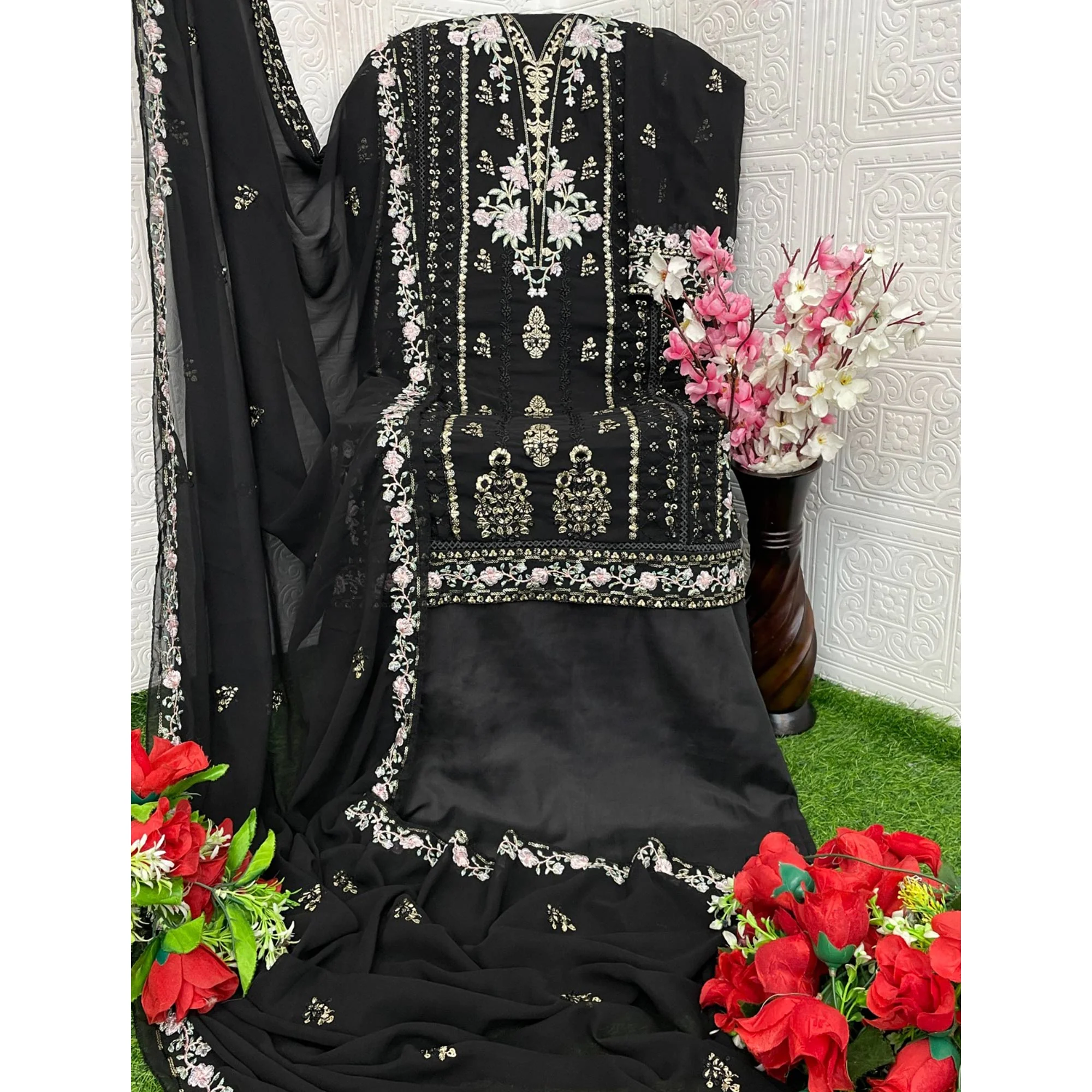 Black Floral Sequins Embroidered Georgette Semi Stitched Pakistani Suit - Image 5