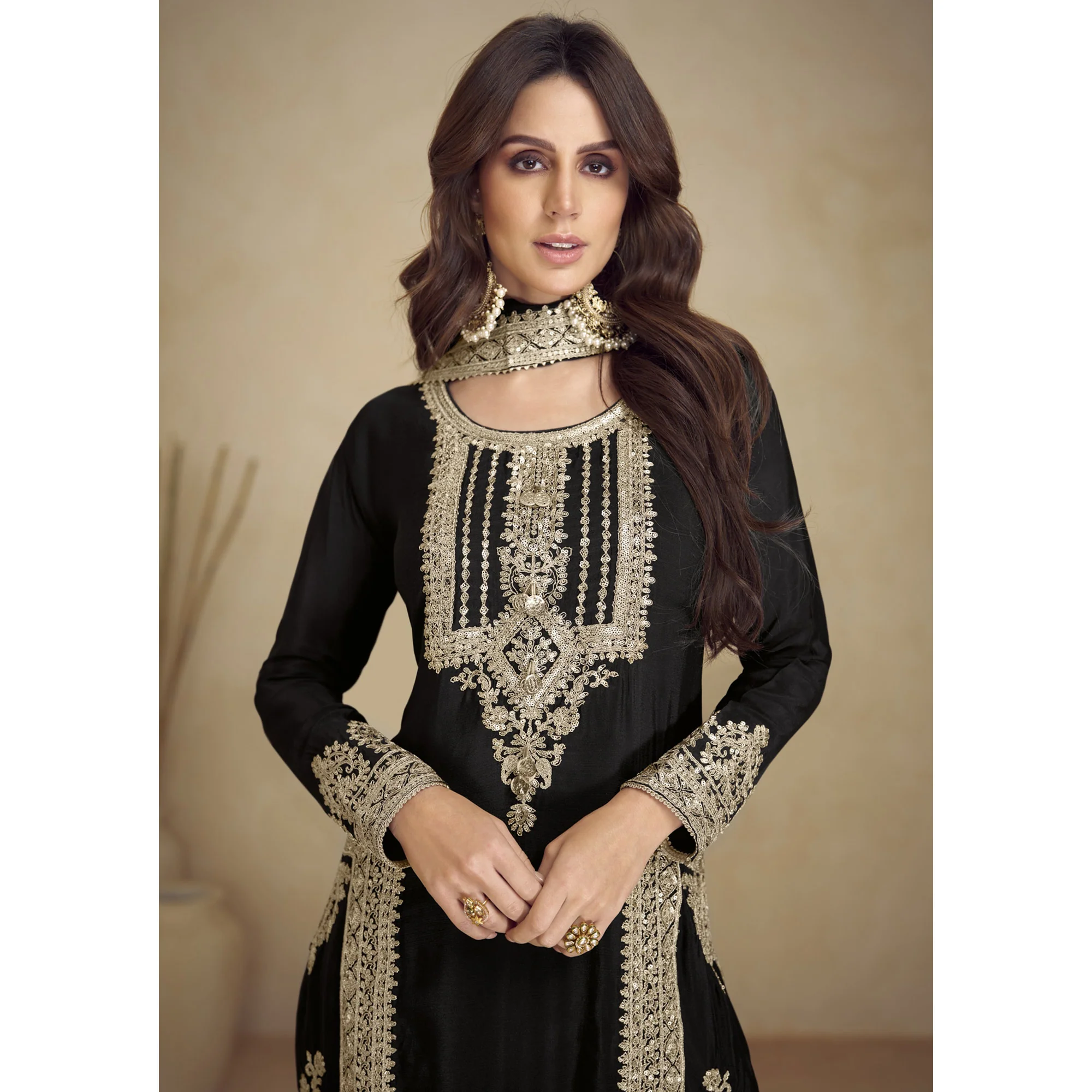 Black Floral Sequins Embroidered Georgette Semi Stitched Salwar Suit - Image 4