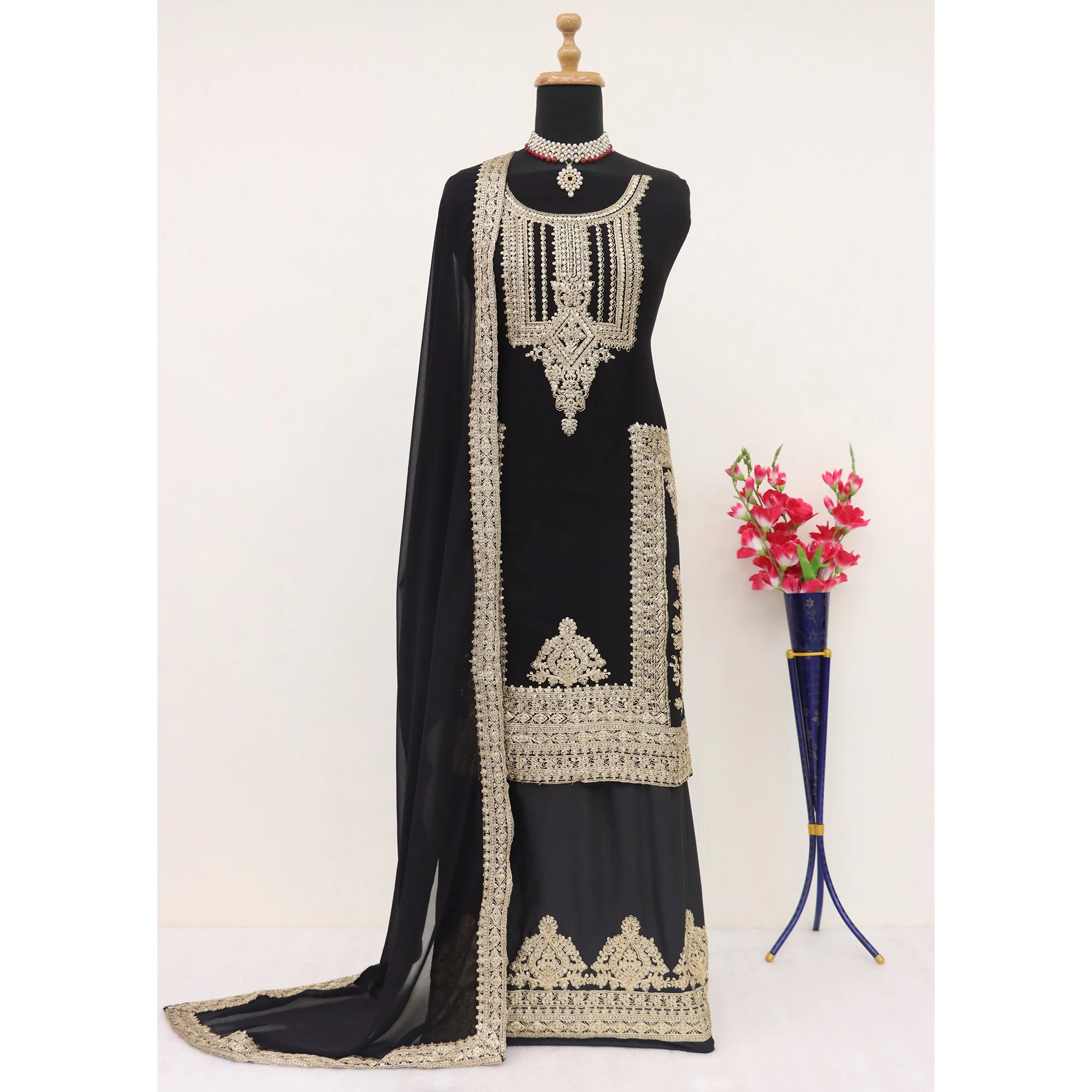 Black Floral Sequins Embroidered Georgette Semi Stitched Salwar Suit - Image 5