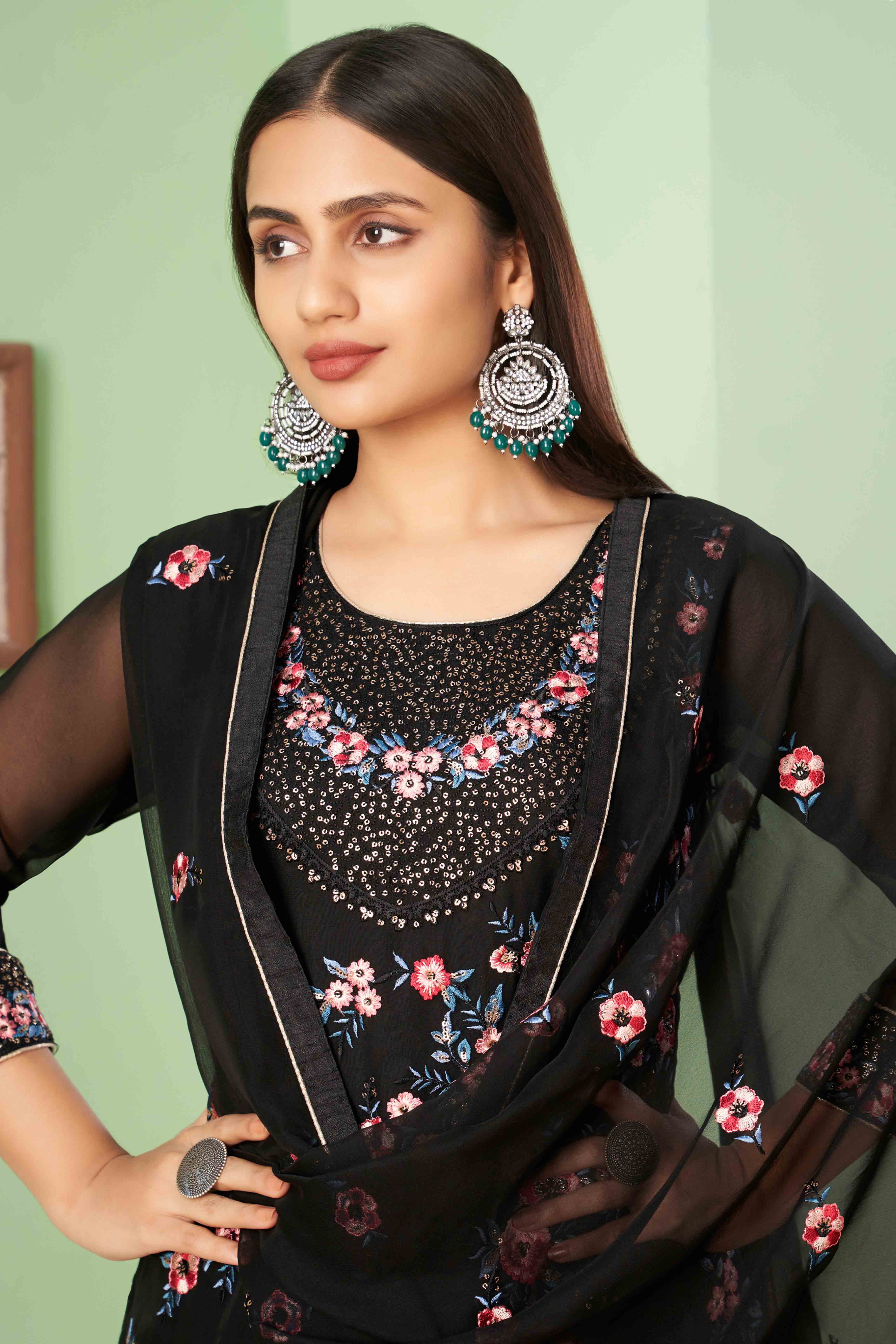 Black Floral Sequins Embroidered Georgette Semi Stitched Suit - Image 5